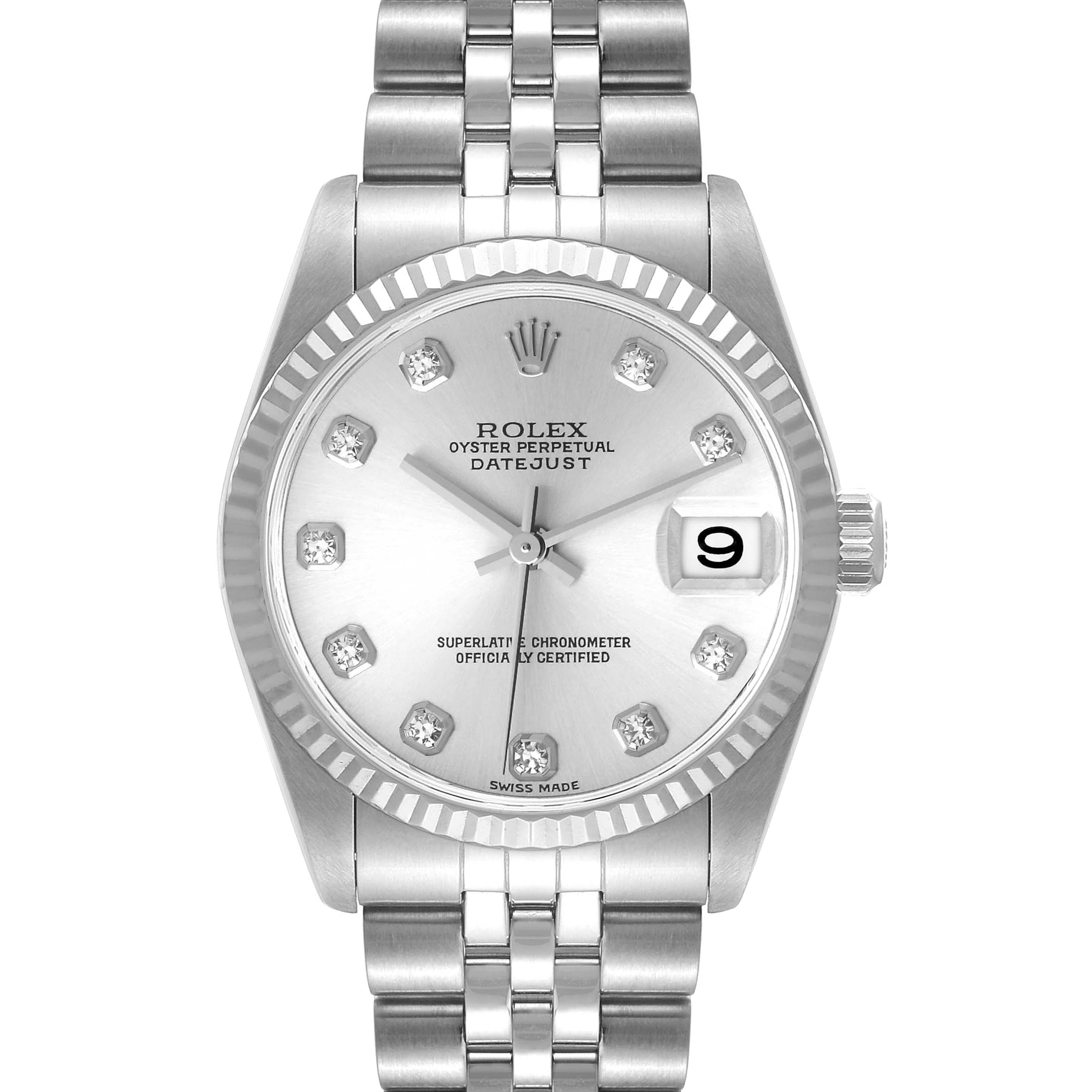 The image shows a Rolex Oyster Perpetual Datejust Mid-Size watch from a front-facing angle, displaying its face and bracelet.