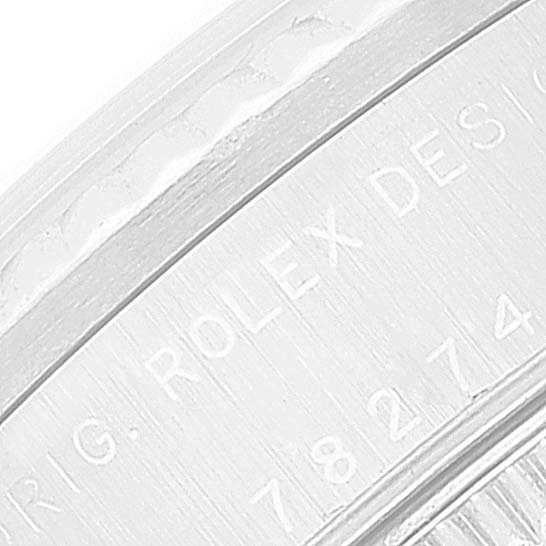 Close-up of the side engraving on a Mid-Size Rolex watch, showcasing the brand and model details.