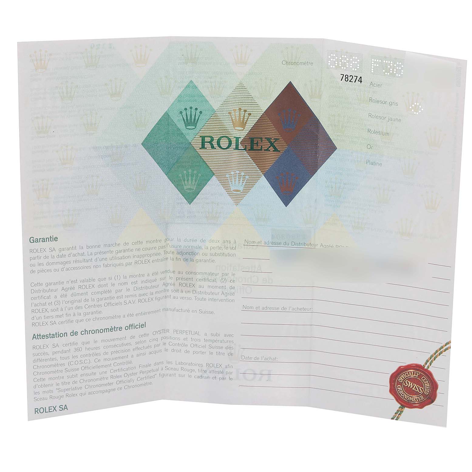 This is a guarantee certificate for a Mid-Size Rolex watch, showing warranty and chronometer certification information.