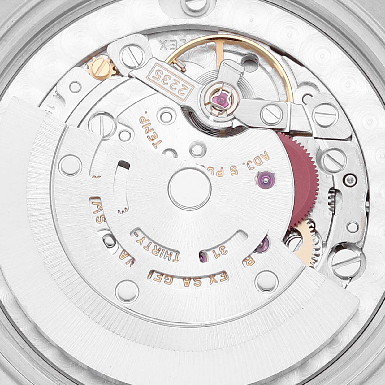 This image shows the internal mechanism of a Rolex Mid-Size 78274 Women
s Stainless Steel Silver Dial 78274 Women
s Stainless Steel Silver Dial watch taken from a top-down angle.