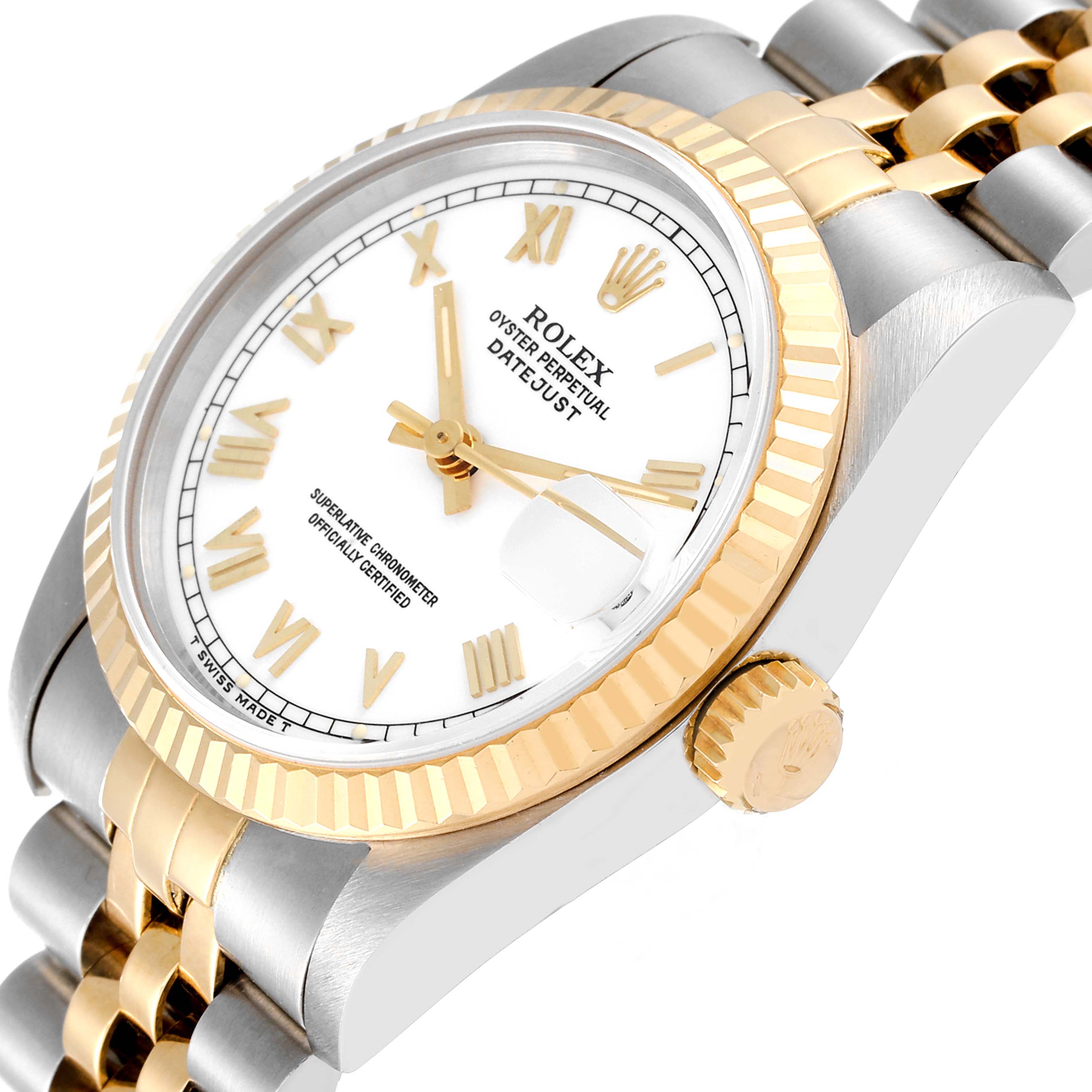 The image shows a Rolex Mid-Size 68273 Women
s Steel and Gold (two tone) White Dial 68273 Women
s Steel and Gold (two tone) White Dial Datejust watch at an oblique angle, highlighting the dial, bezel, crown, and bracelet.