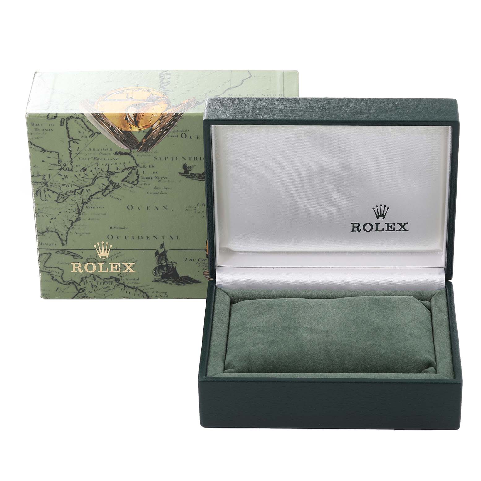 The image shows an open Rolex watch box and its outer packaging for a Mid-Size model.
