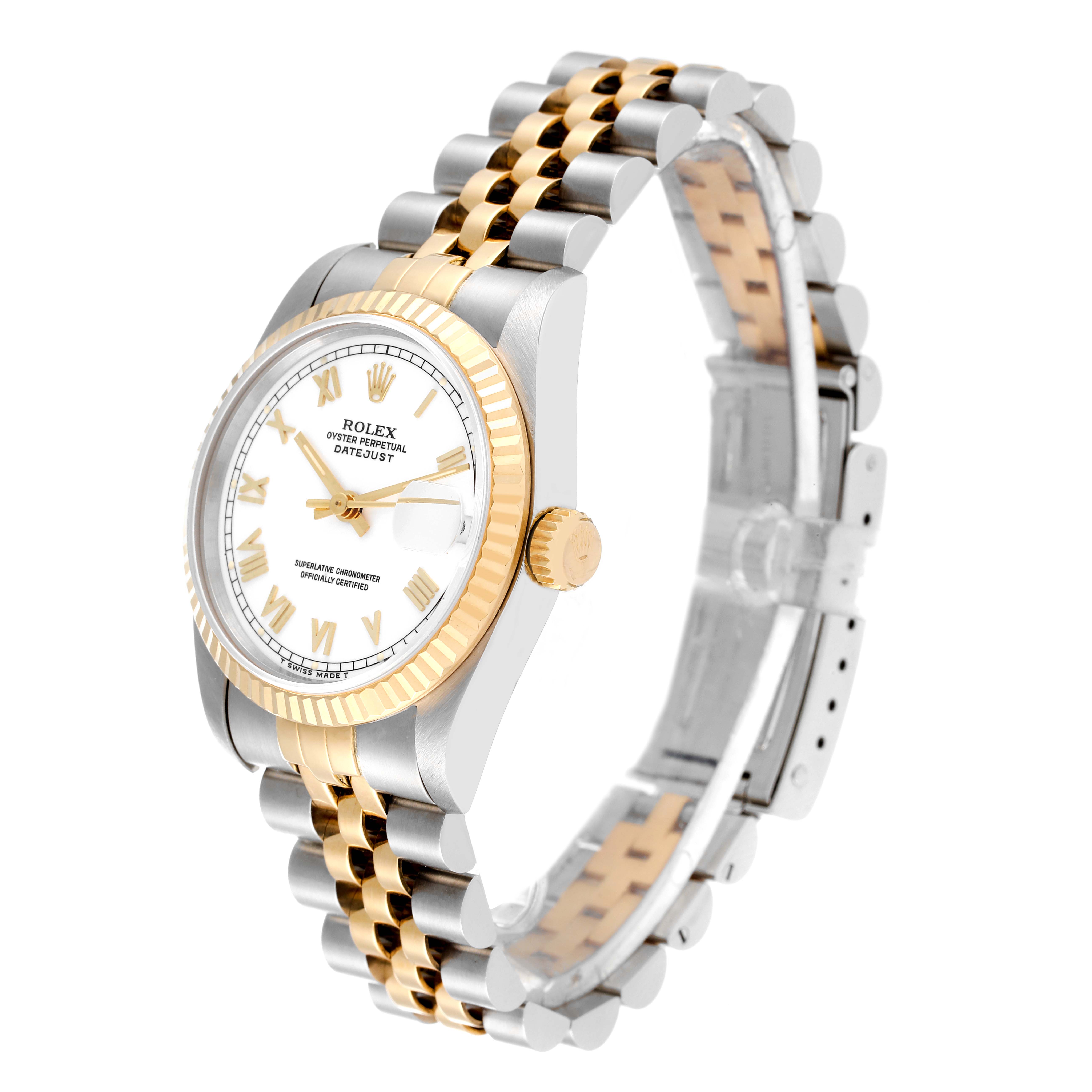 The image shows a side angle of a Rolex Oyster Perpetual Datejust Mid-Size watch, highlighting its two-tone bracelet and dial.
