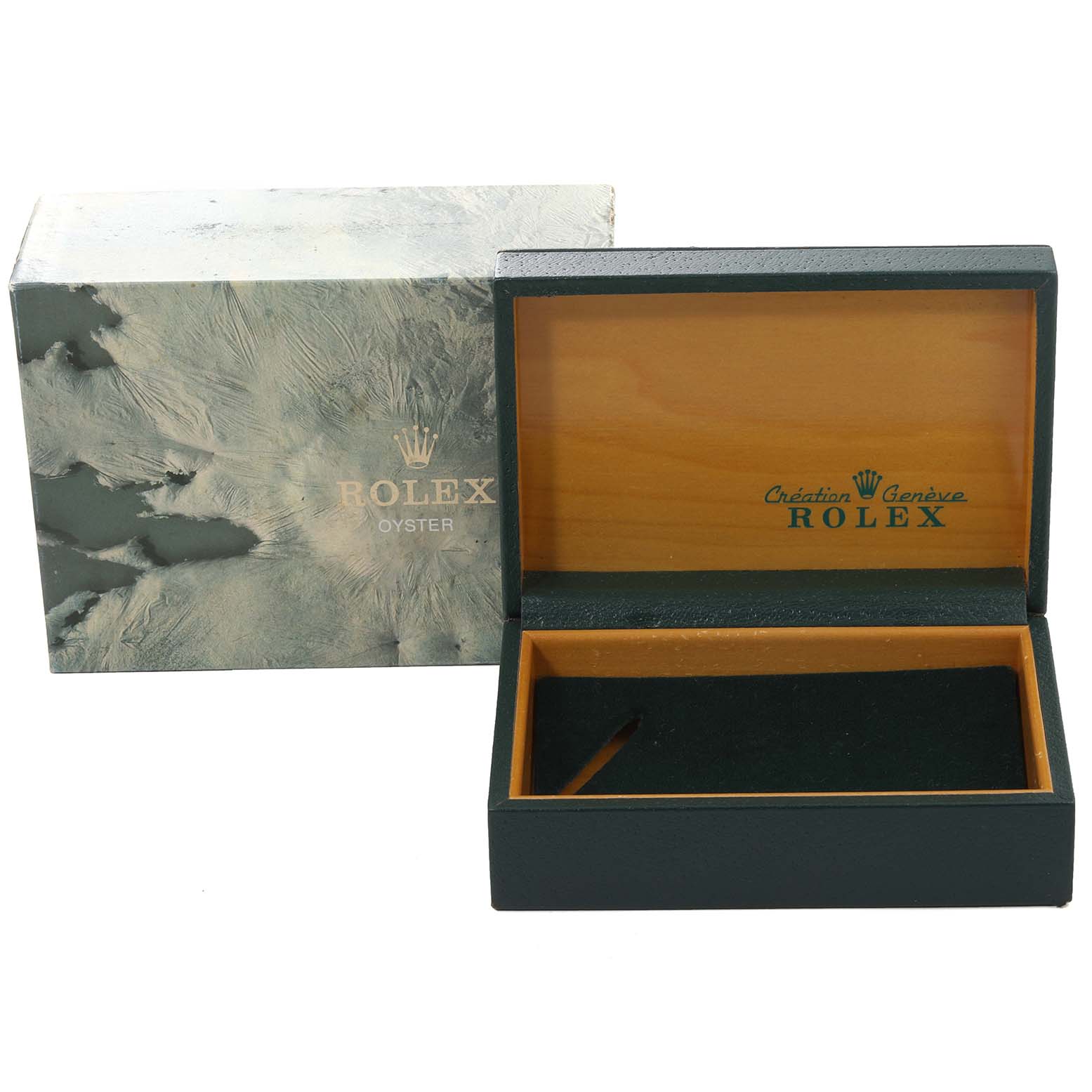 The image shows an open green Rolex box with a wood interior for the Rolex Oyster Mid-Size watch and its accessories.