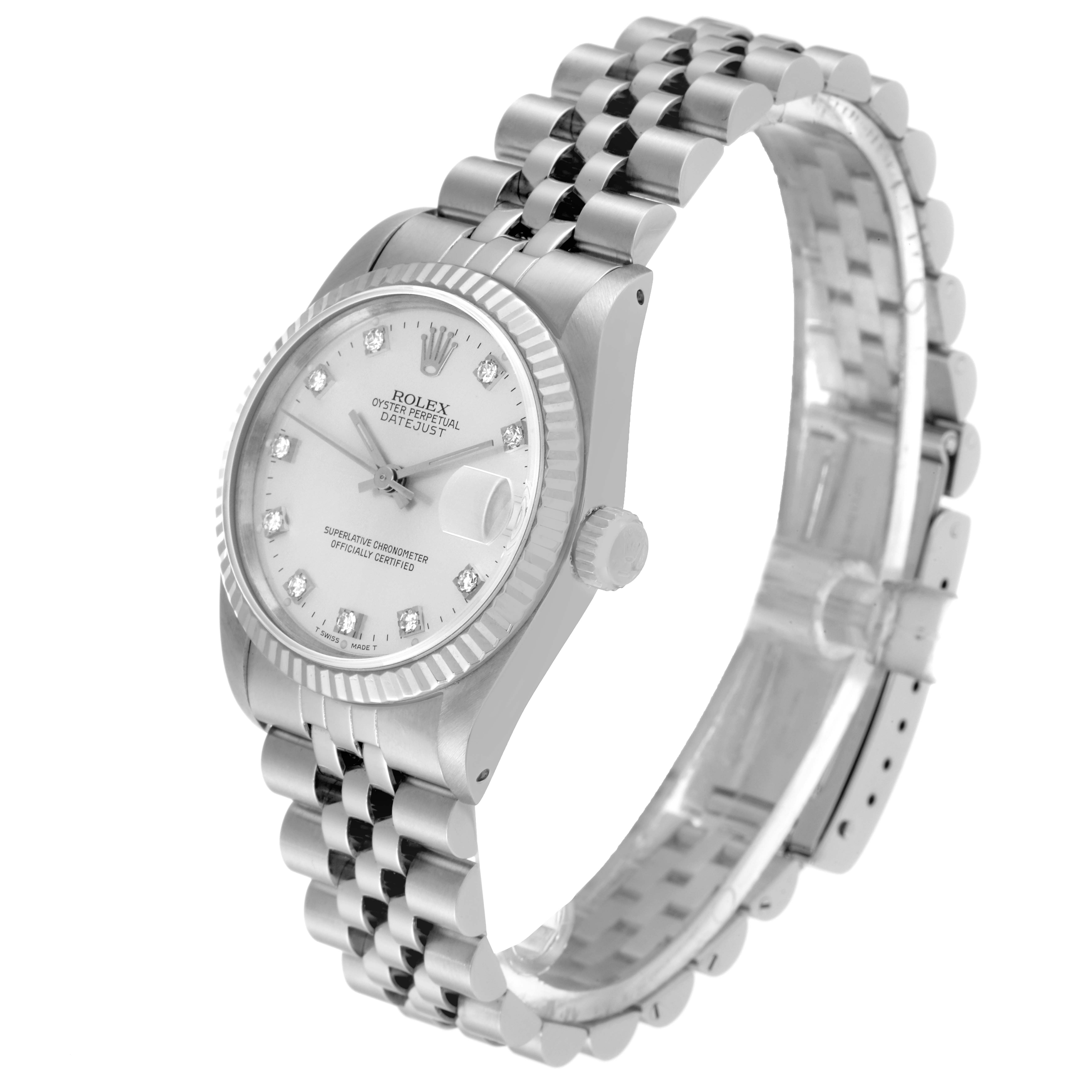 The Rolex Mid-Size 68274 Women's Stainless Steel Silver Dial 68274 Women's Stainless Steel Silver Dial watch is shown at a three-quarter angle, displaying the face, bezel, crown, and bracelet.