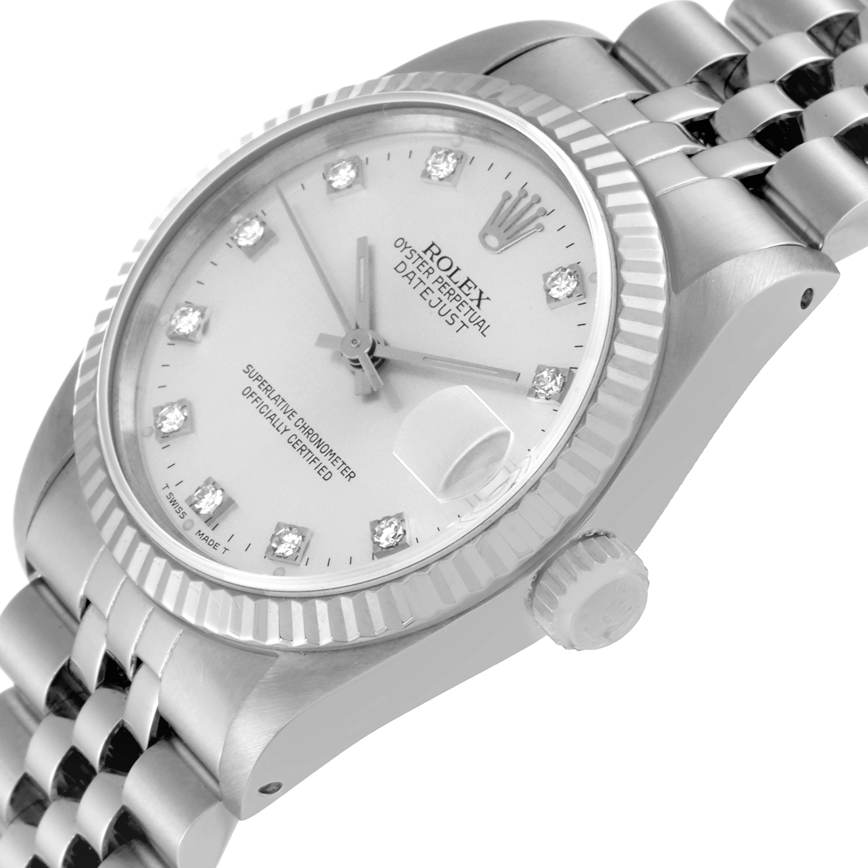 The image shows a close-up of the Rolex Mid-Size 68274 Women's Stainless Steel Silver Dial 68274 Women's Stainless Steel Silver Dial Oyster Perpetual Datejust watch at an angle, highlighting the dial, bezel, crown, and part of the bracelet.