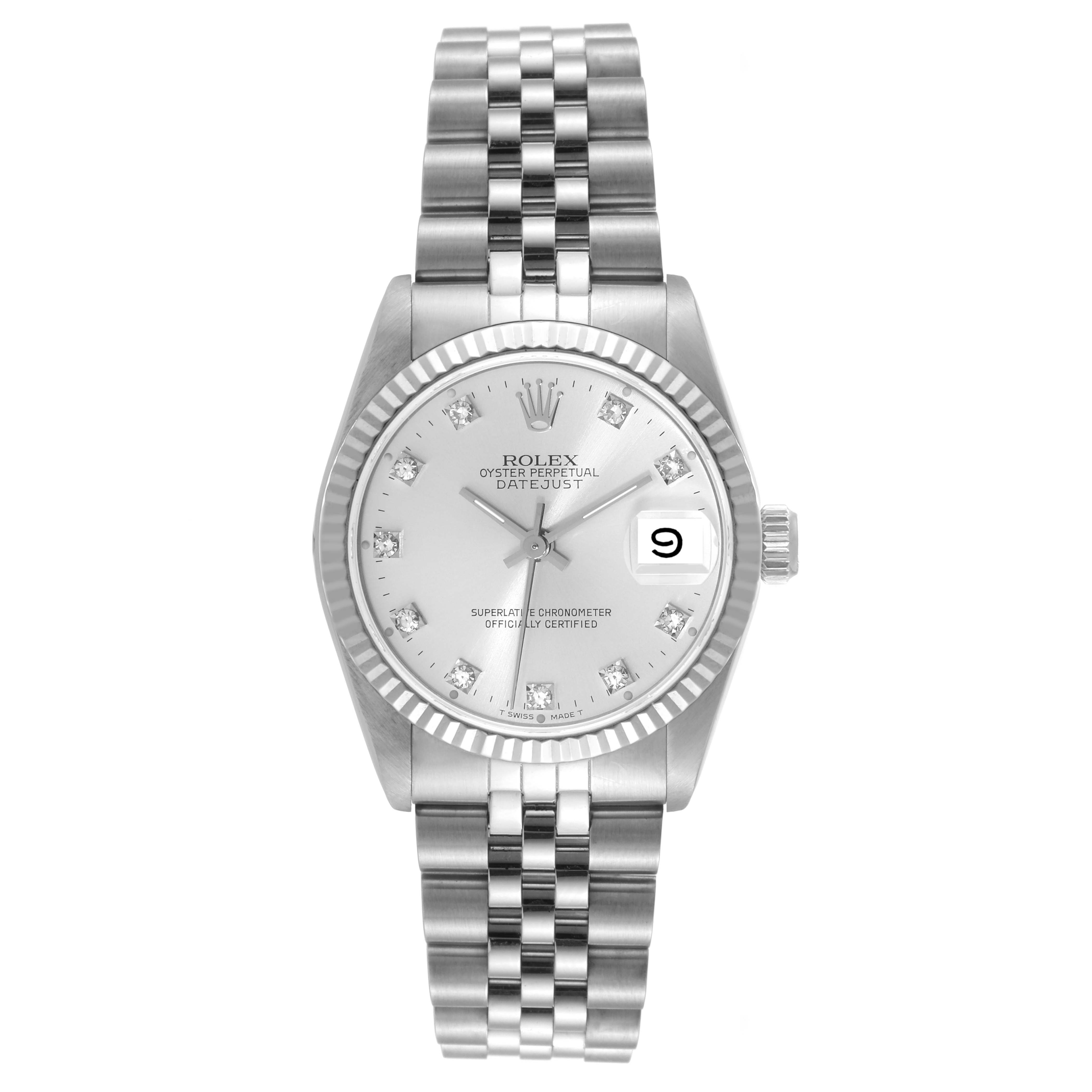 This image shows a frontal view of a mid-size Rolex Oyster Perpetual Datejust watch, displaying the dial, bracelet, and date window.