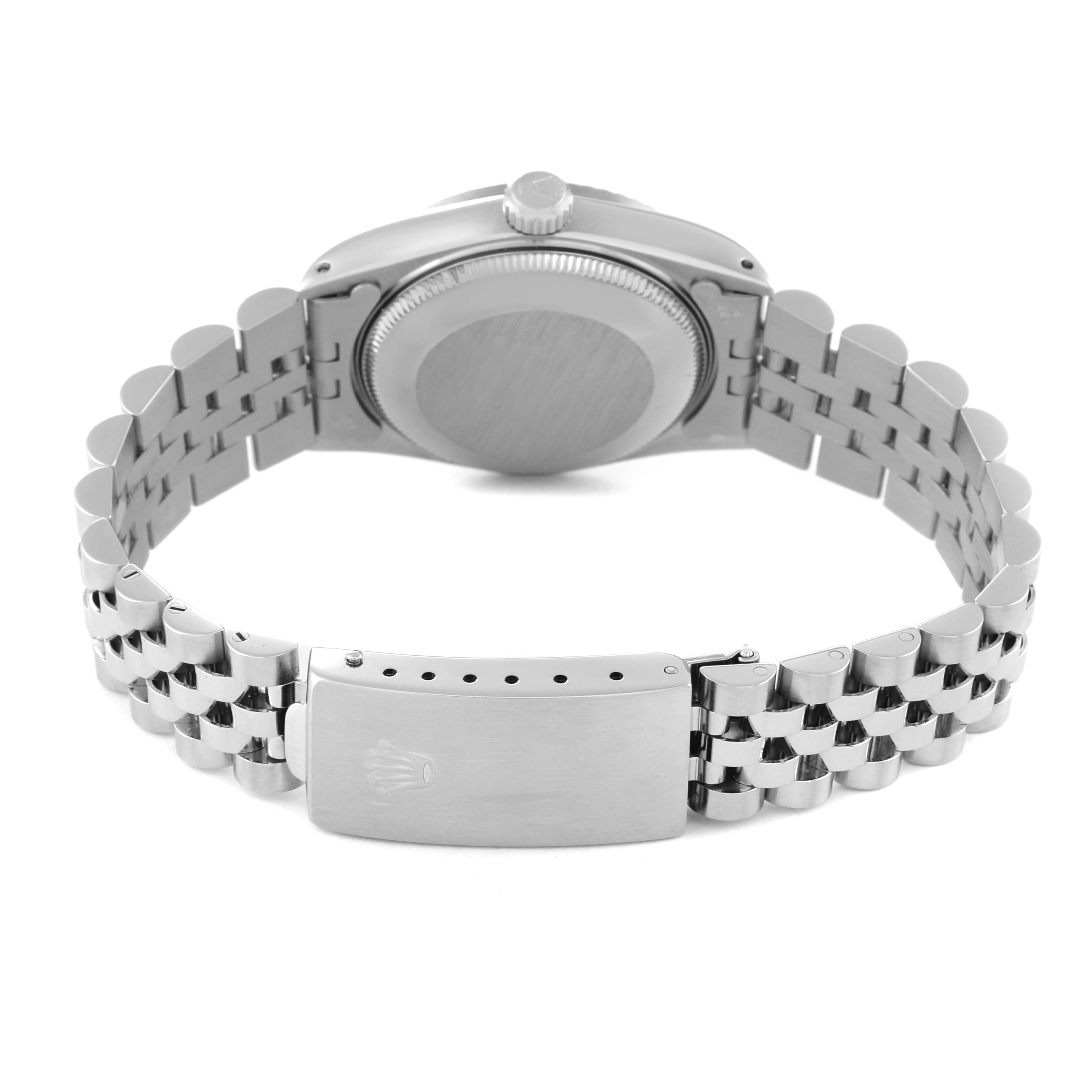 This image shows the back view of a Rolex Mid-Size 68274 Women's Stainless Steel Silver Dial 68274 Women's Stainless Steel Silver Dial watch displaying the case back and bracelet clasp.