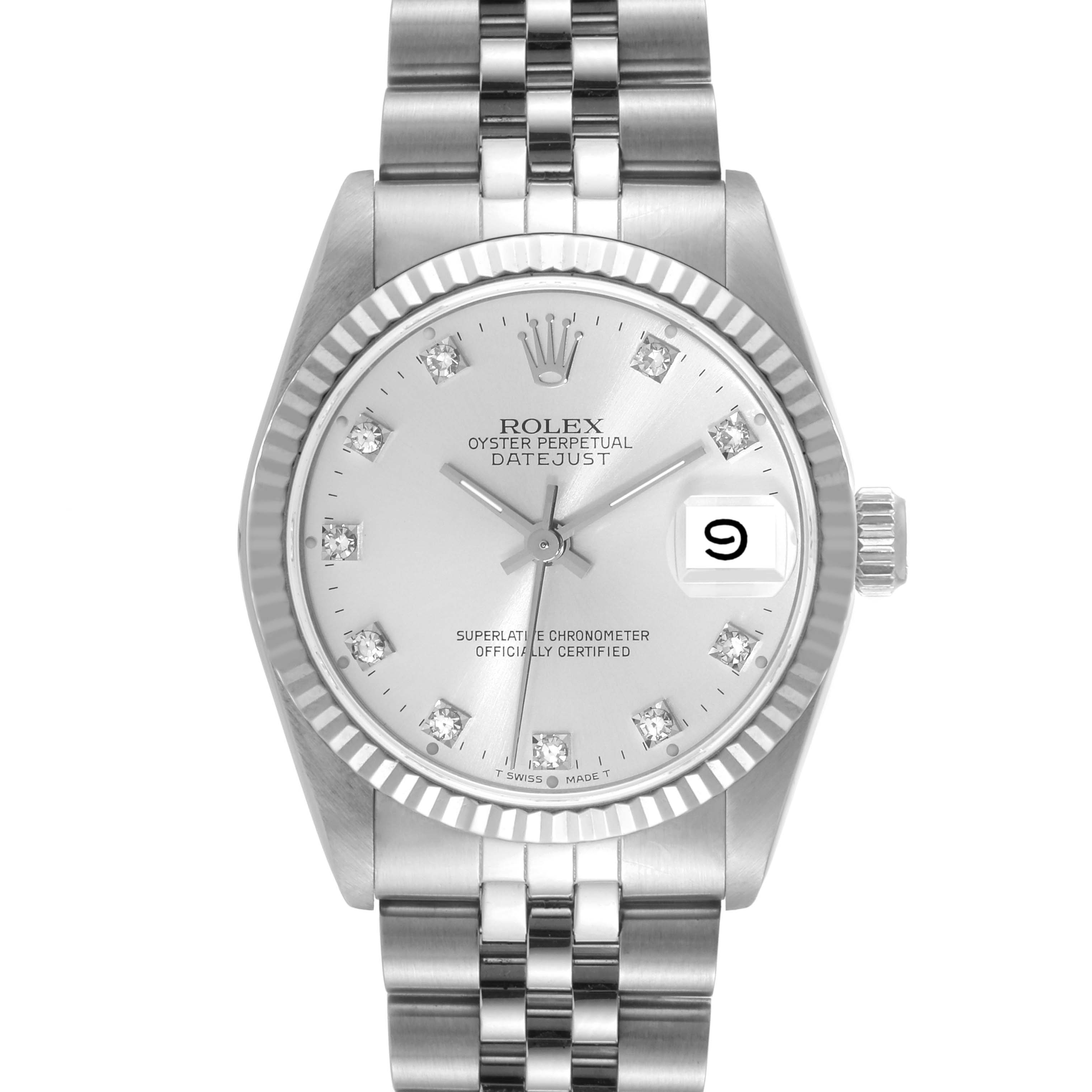 The image shows a front view of a Rolex Mid-Size 68274 Women's Stainless Steel Silver Dial 68274 Women's Stainless Steel Silver Dial Datejust watch featuring a silver dial, diamond hour markers, and a stainless steel bracelet.