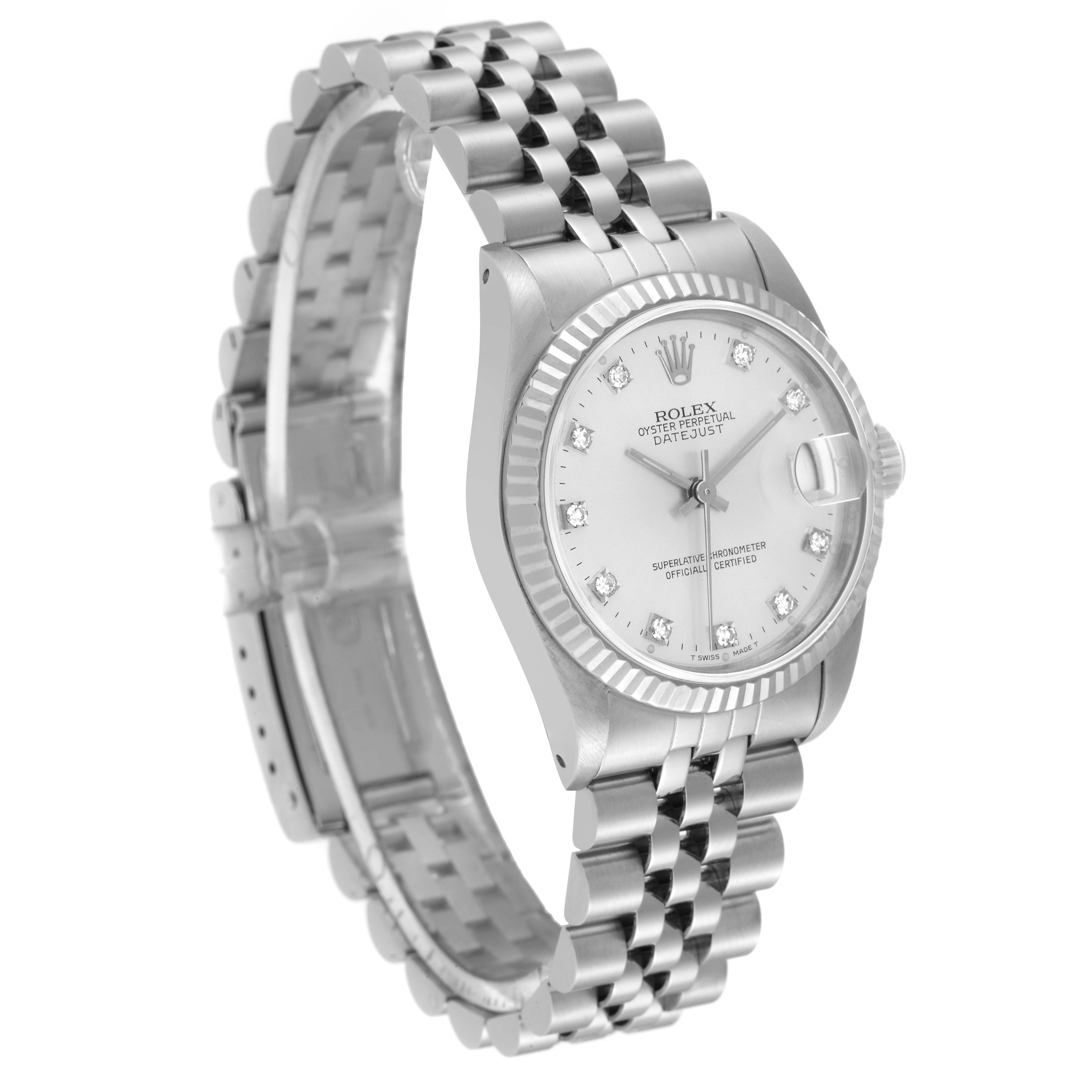 The image shows a Rolex Mid-Size 68274 Women's Stainless Steel Silver Dial 68274 Women's Stainless Steel Silver Dial Datejust watch, angled to emphasize the face, bezel, and bracelet.