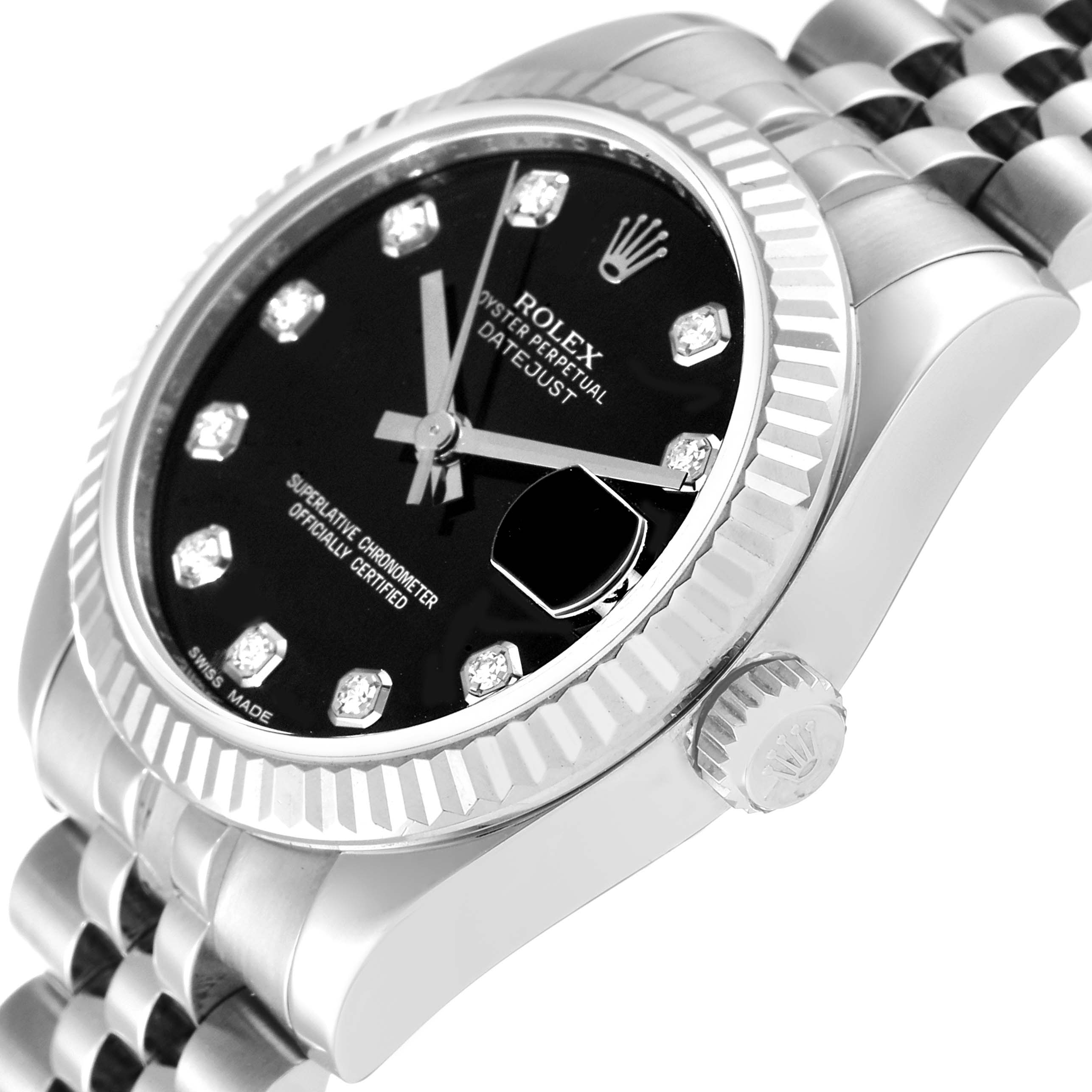 This image shows a close-up angle of a mid-size Rolex Datejust, highlighting the bezel, crown, dial, and part of the bracelet.