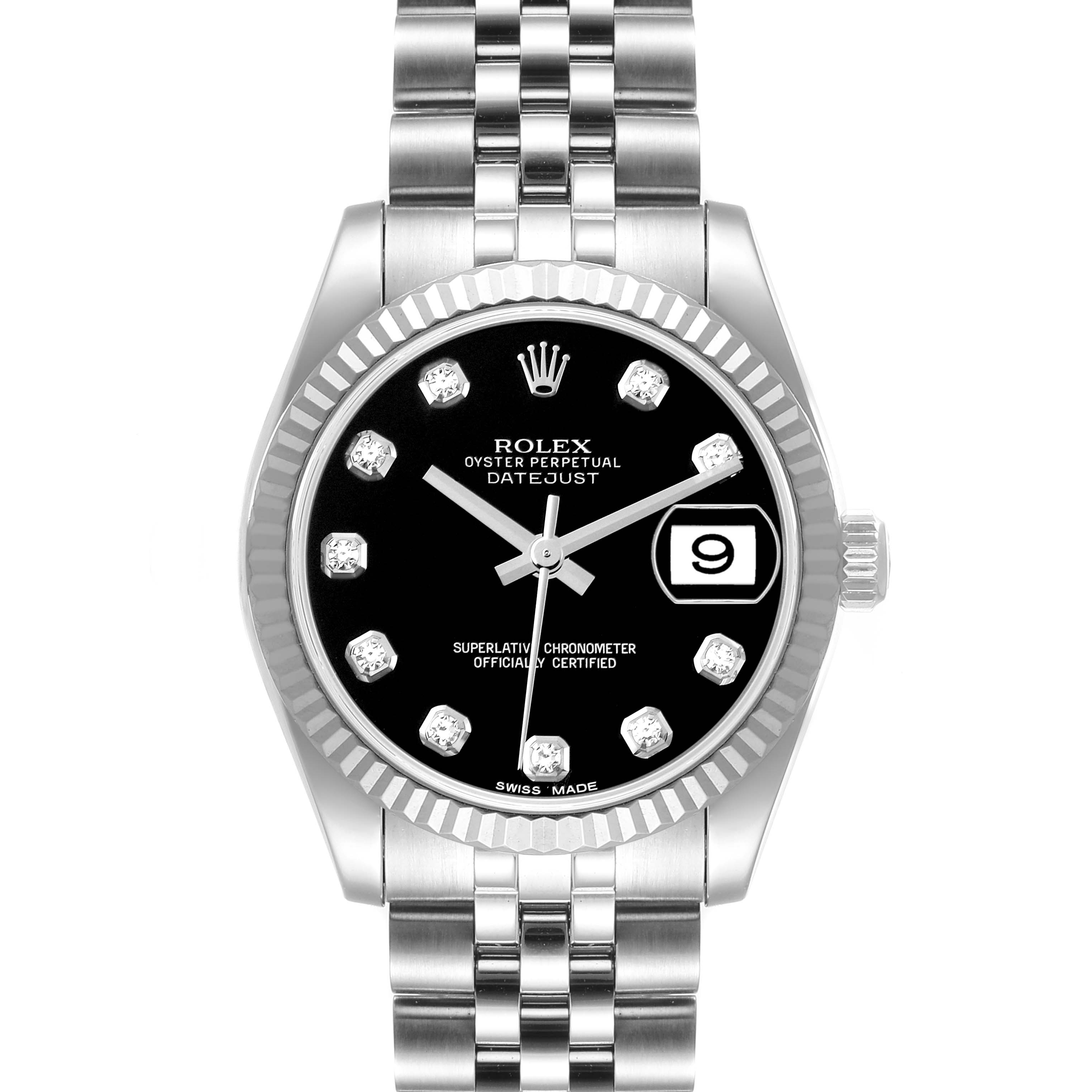 This image shows the front view of a Rolex Mid-Size 178274 Women
s Stainless Steel Black Dial 178274 Women
s Stainless Steel Black Dial Datejust watch, highlighting the black dial, diamond hour markers, date window, and Jubilee bracelet.