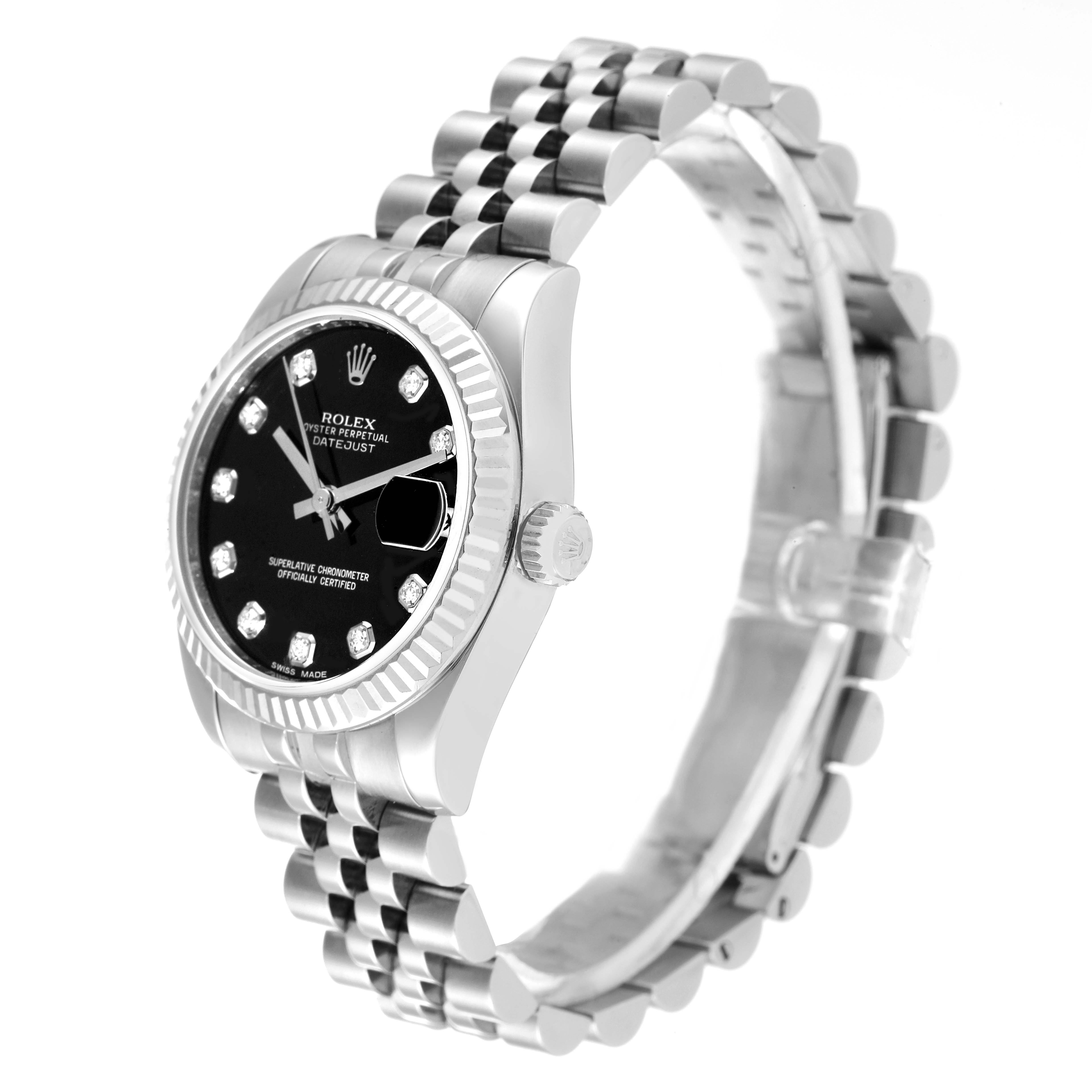 The image shows a side view of the Rolex Mid-Size 178274 Women
s Stainless Steel Black Dial 178274 Women
s Stainless Steel Black Dial watch, displaying the face, bezel, and part of the bracelet.