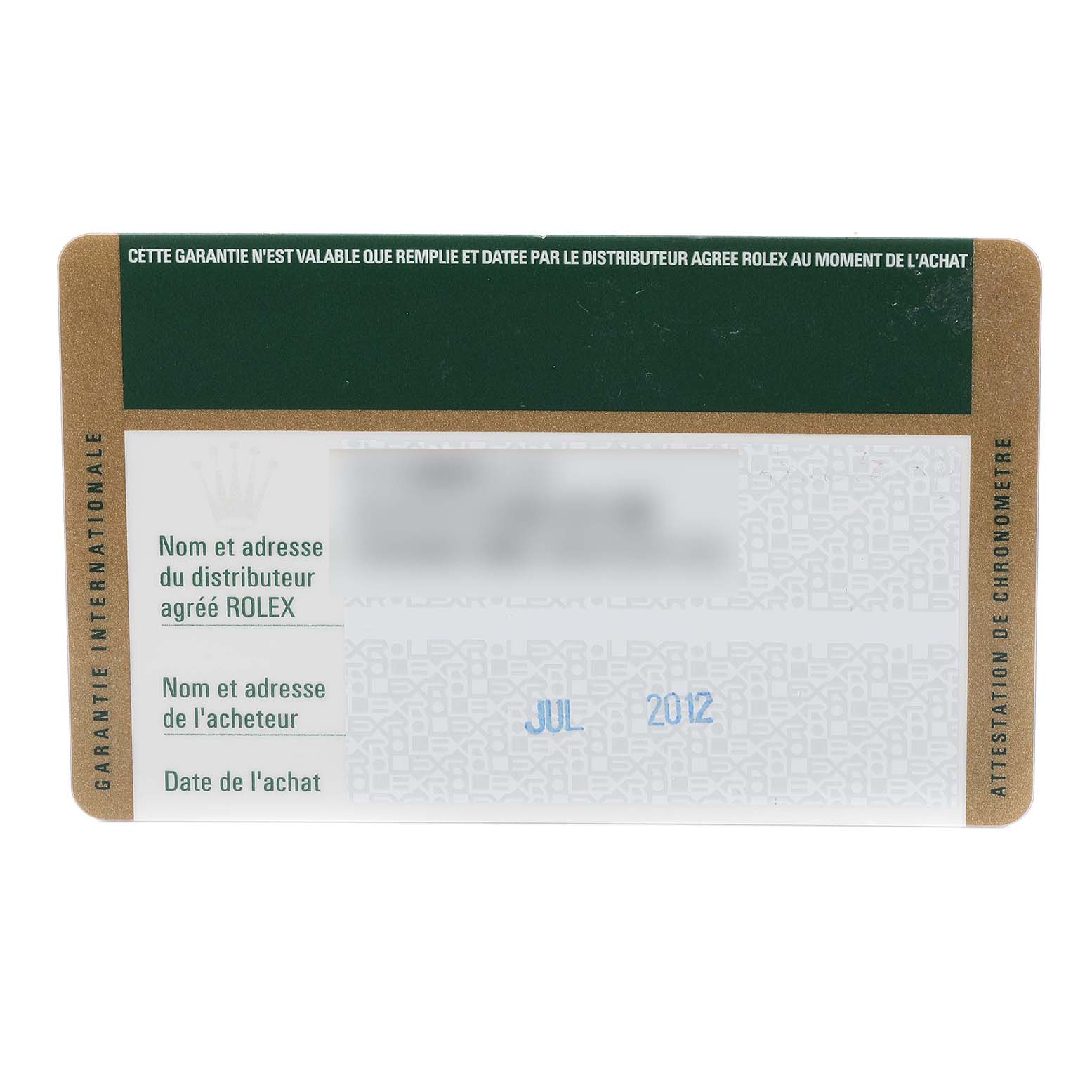 The image shows a Rolex warranty card for a Mid-Size model, featuring purchase details and authorization information.