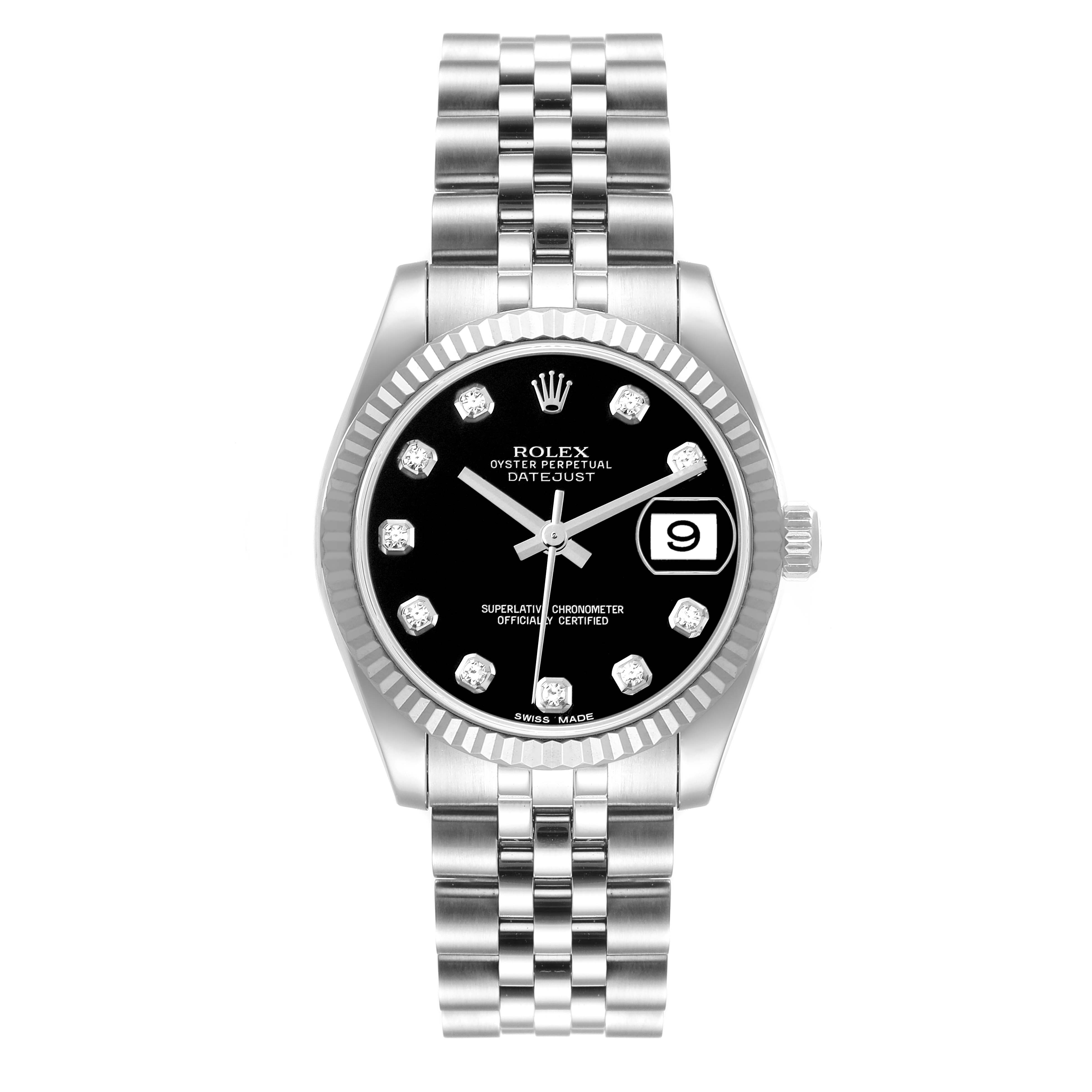 This image shows a front view of a Rolex Mid-Size 178274 Women
s Stainless Steel Black Dial 178274 Women
s Stainless Steel Black Dial Oyster Perpetual Datejust watch with a black dial and a Jubilee bracelet.