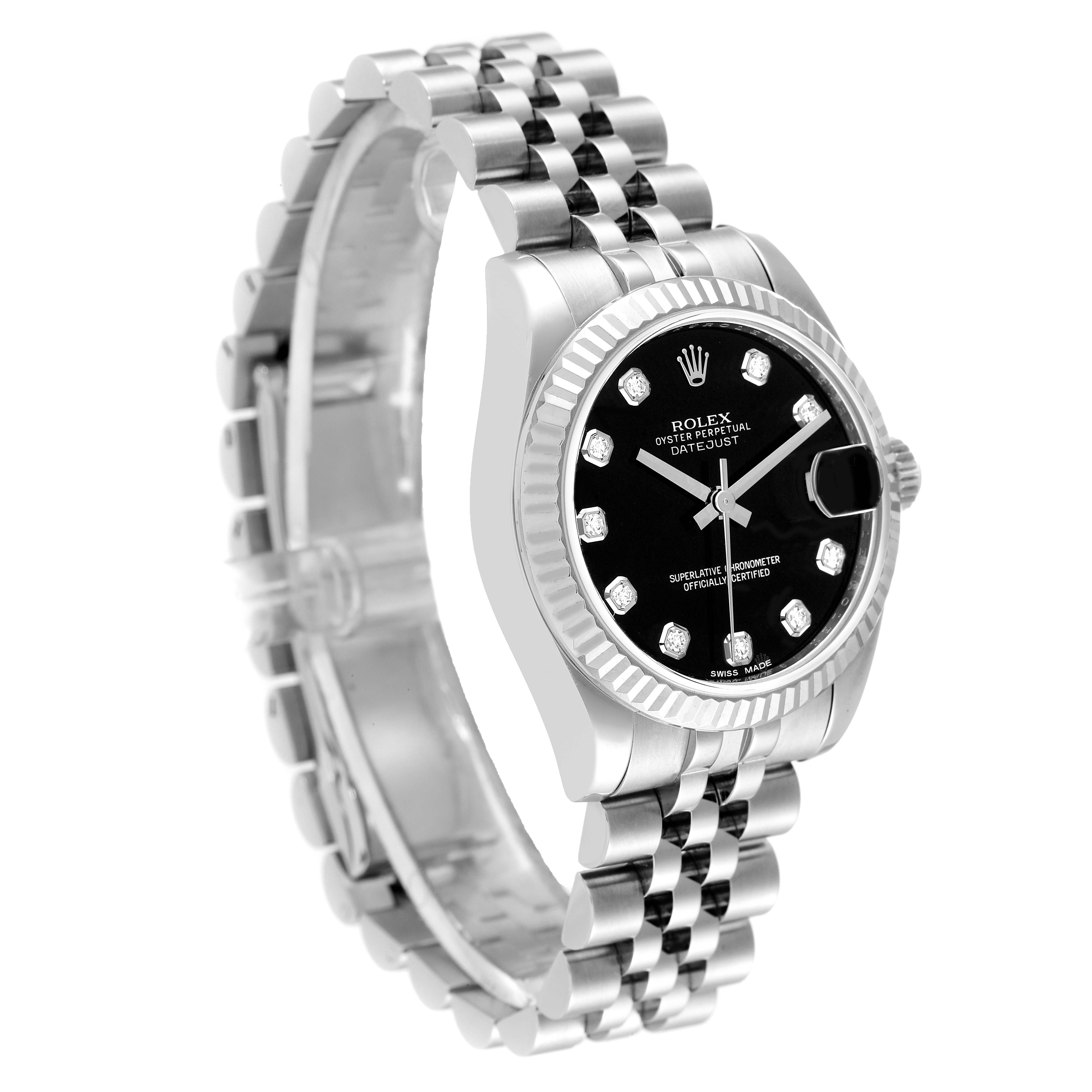 The image shows a Rolex Mid-Size 178274 Women
s Stainless Steel Black Dial 178274 Women
s Stainless Steel Black Dial model wristwatch at a front-side angle, displaying the face, bezel, and band.