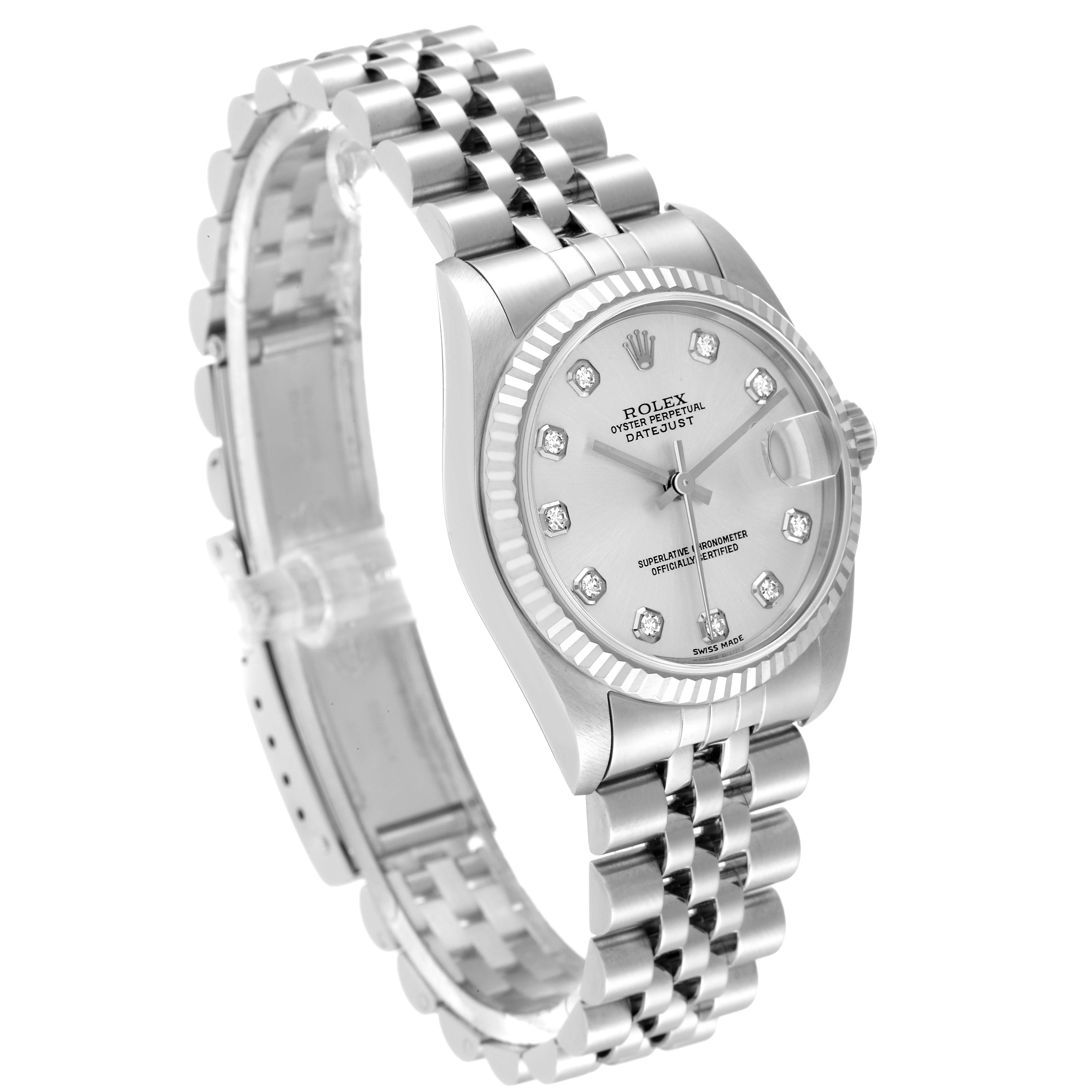 The Rolex Mid-Size 78274 Women
s Stainless Steel Silver Dial 78274 Women
s Stainless Steel Silver Dial watch is shown at a three-quarter angle, highlighting the face, bezel, crown, and bracelet.