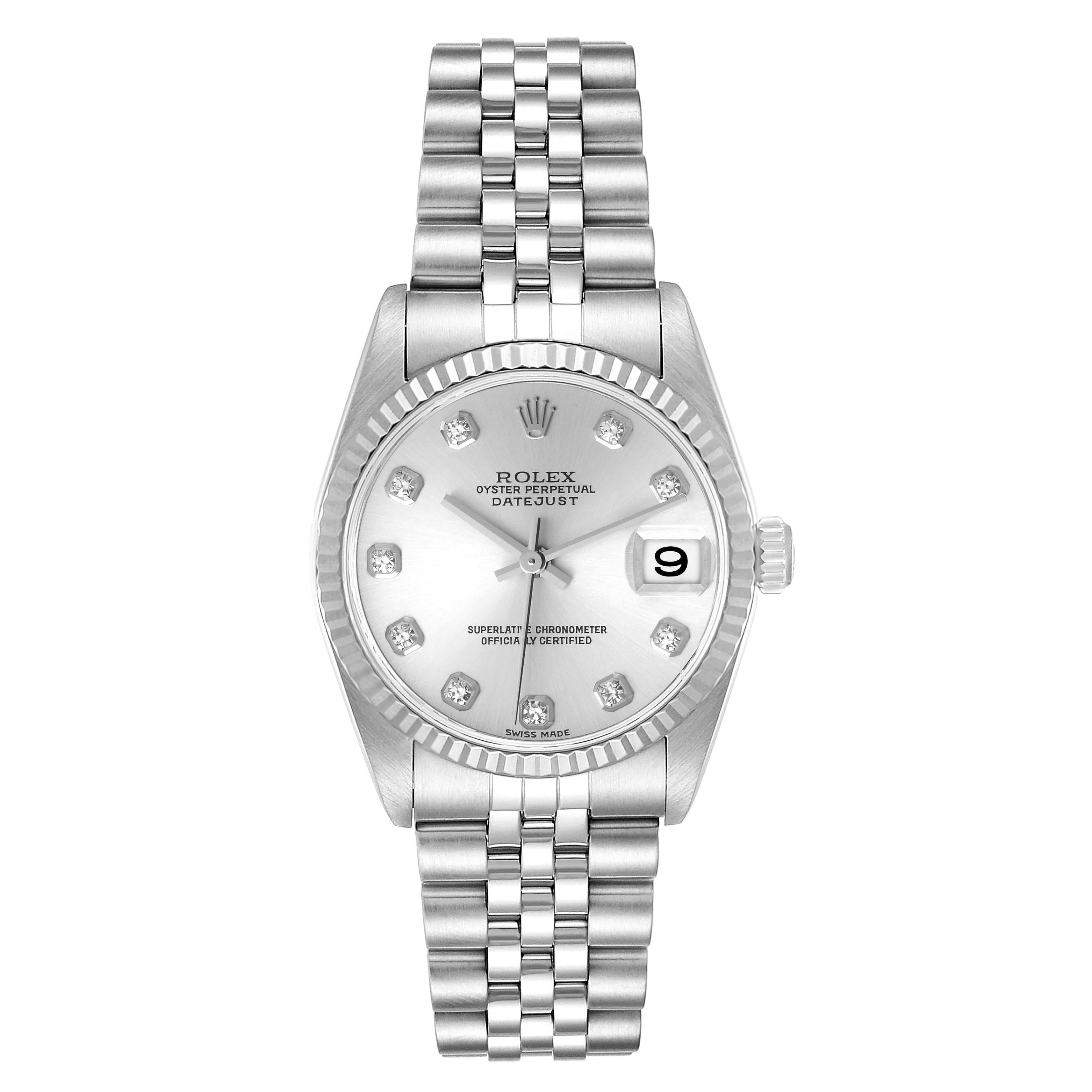 The image shows a front view of the Rolex Mid-Size 78274 Women
s Stainless Steel Silver Dial 78274 Women
s Stainless Steel Silver Dial Datejust watch, highlighting its face, bezel, and bracelet.