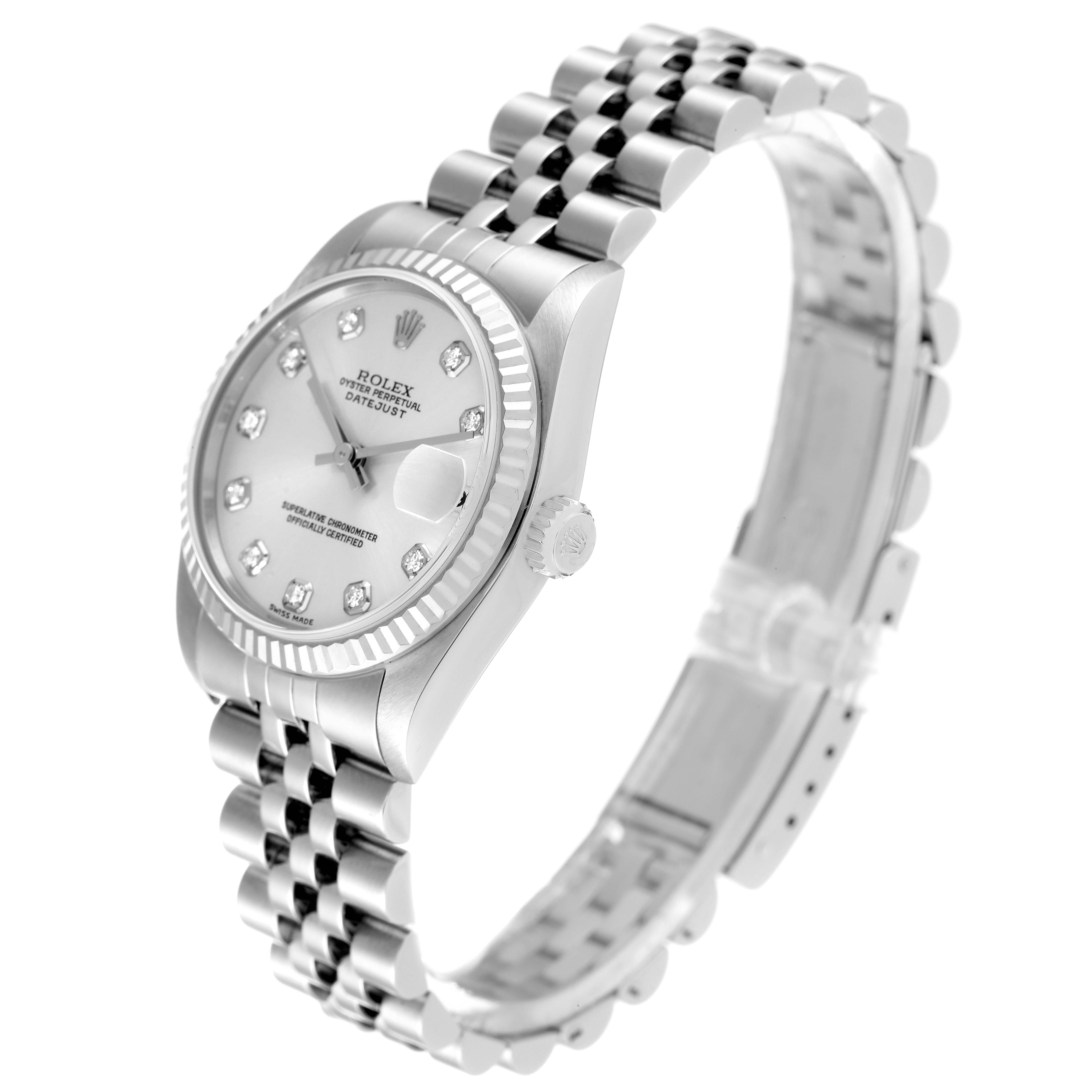 This image shows a side and slightly angled front view of a Rolex Mid-Size 78274 Women
s Stainless Steel Silver Dial 78274 Women
s Stainless Steel Silver Dial Datejust watch, highlighting the dial, crown, and bracelet.