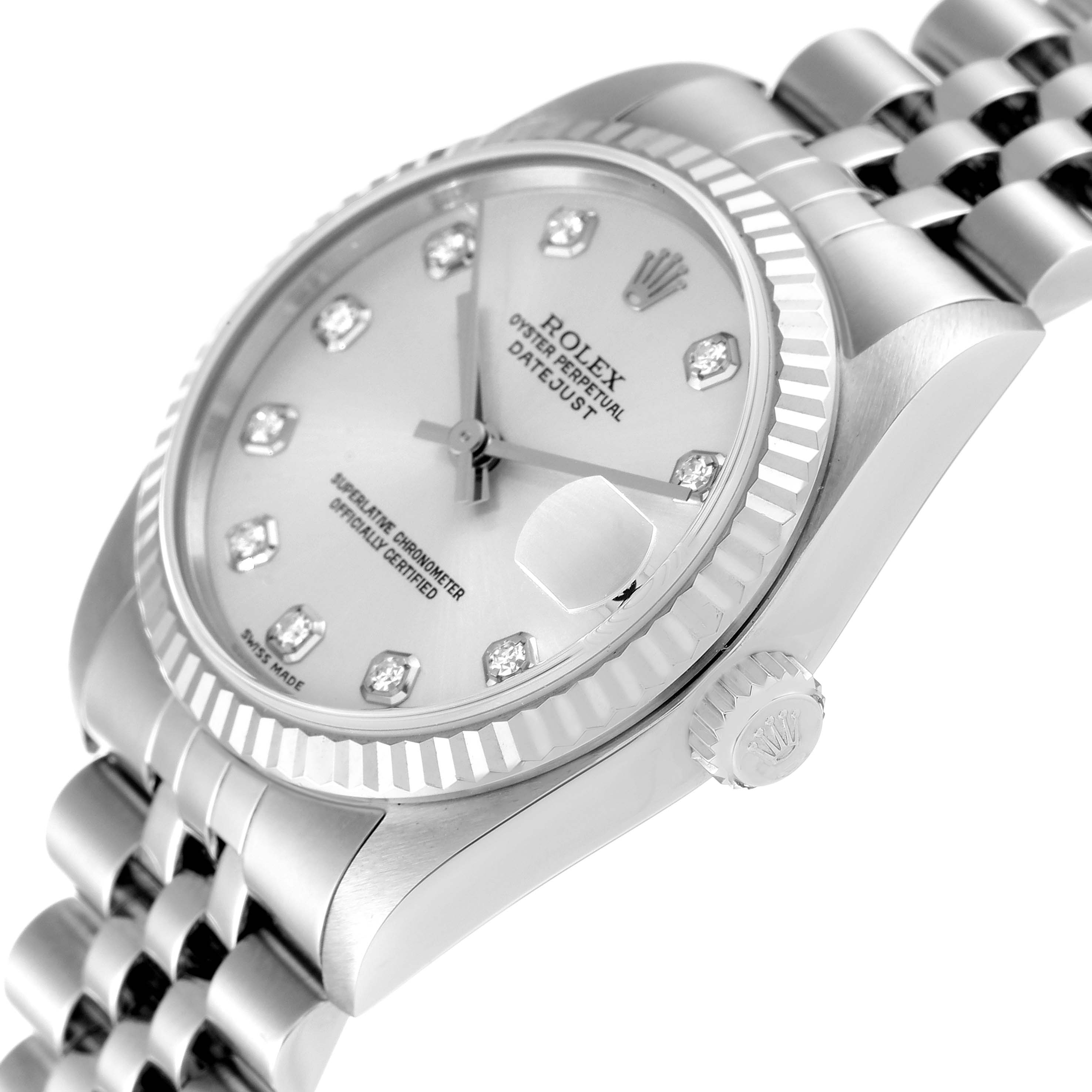 This is a close-up angle showing the face, bezel, crown, and bracelet of the Rolex Oyster Perpetual Datejust Mid-Size watch.