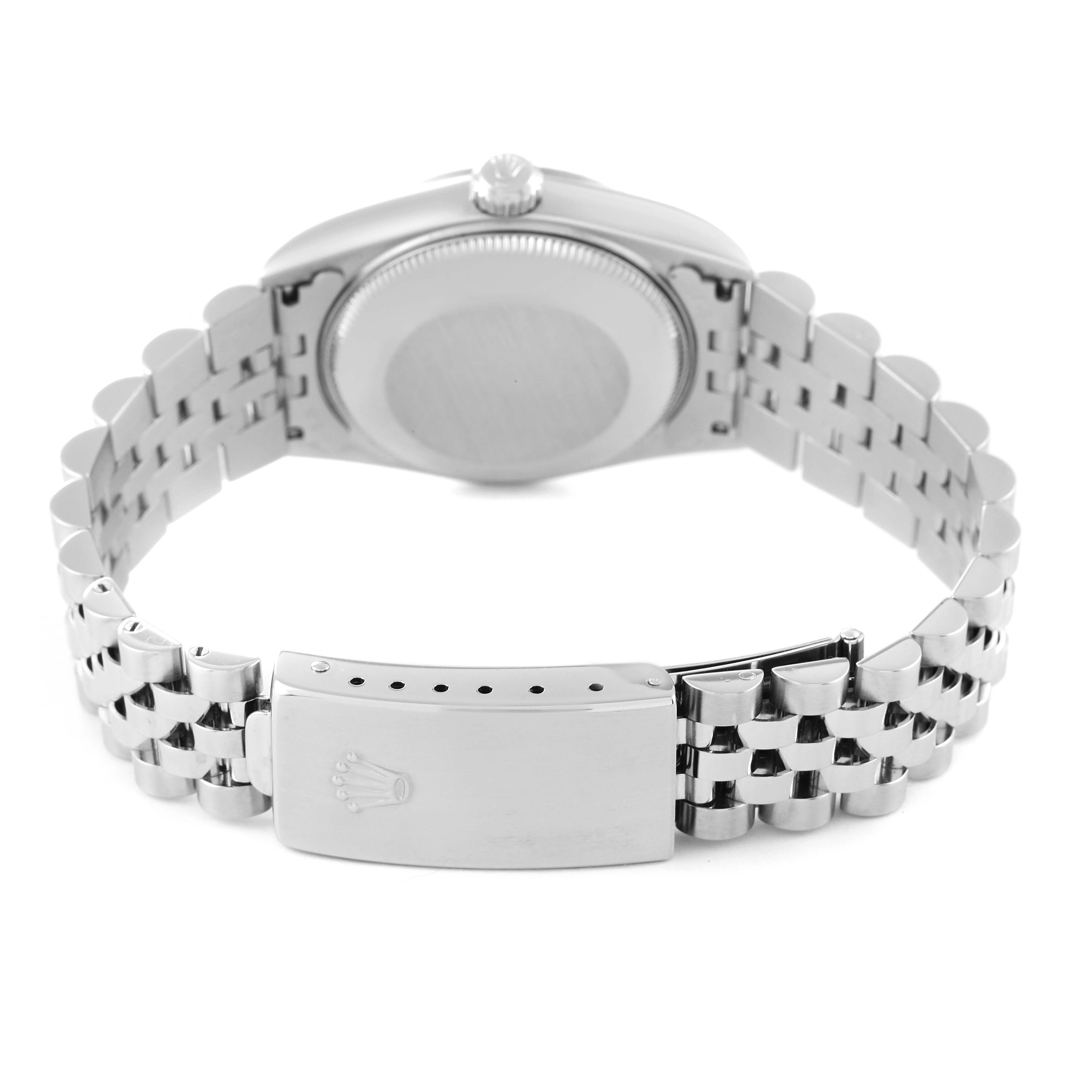 The image shows the back of a Mid-Size Rolex watch, including the case back, bracelet, and clasp.