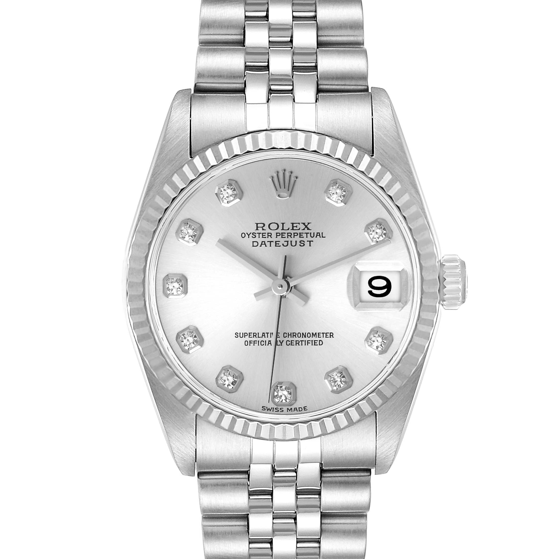 The Rolex Mid-Size 78274 Women
s Stainless Steel Silver Dial 78274 Women
s Stainless Steel Silver Dial model is shown from a front angle, displaying the dial, fluted bezel, and part of the bracelet.