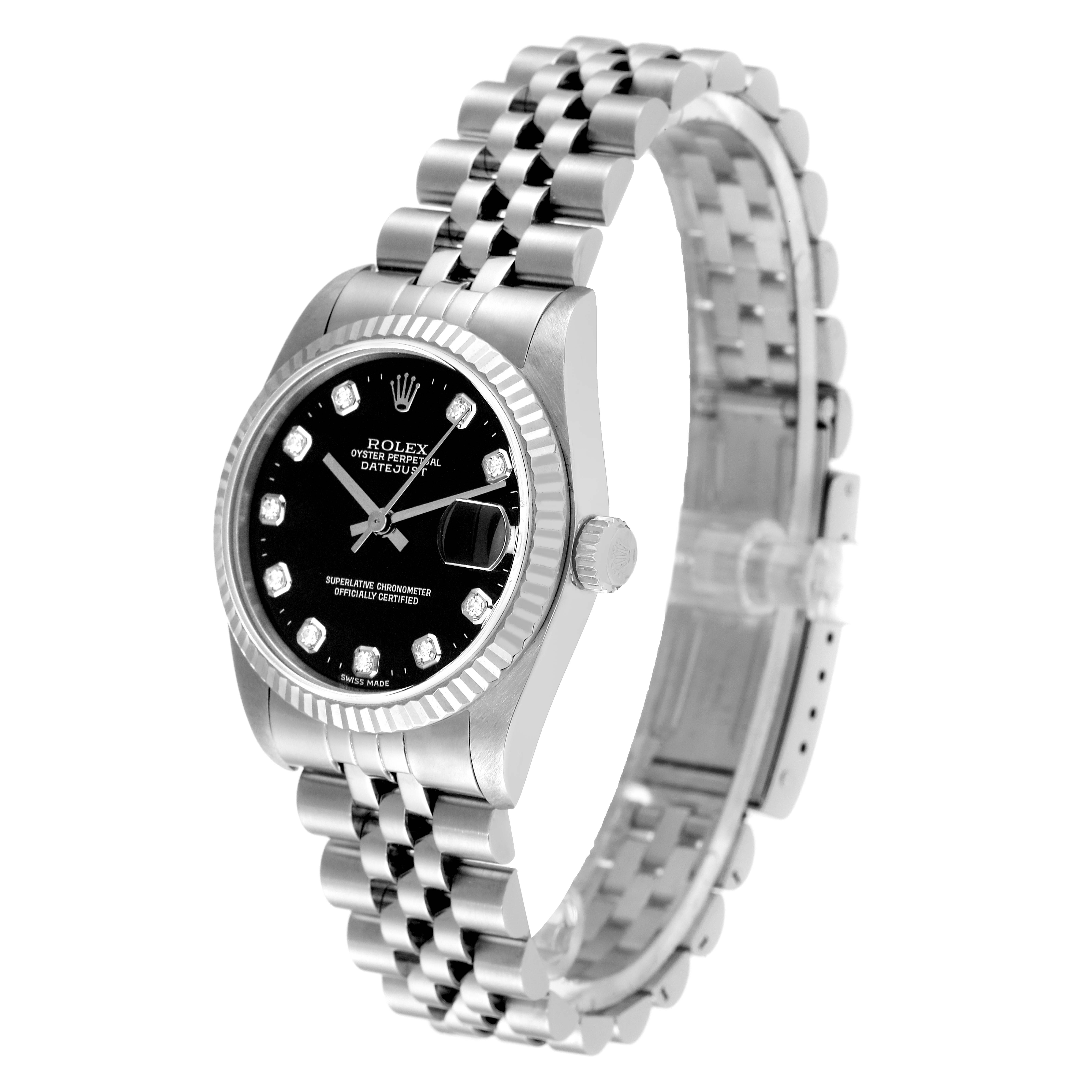 The image shows a Rolex Datejust 78274 Women's Stainless Steel Black Dial 78274 Women's Stainless Steel Black Dial model watch from a side angle, displaying its black dial, fluted bezel, and Jubilee bracelet.