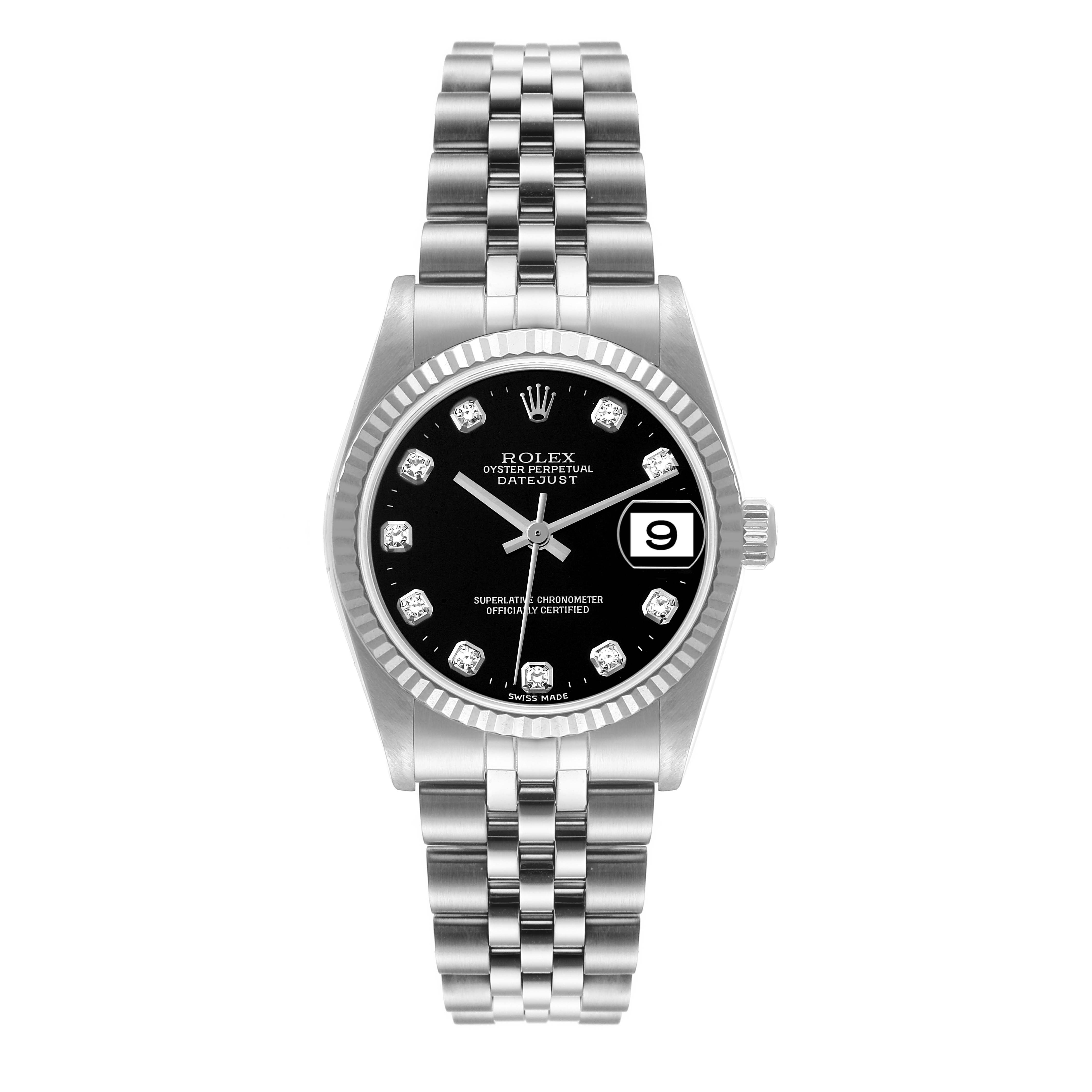 This image shows a front view of the Rolex Datejust 78274 Women's Stainless Steel Black Dial 78274 Women's Stainless Steel Black Dial watch, highlighting its black dial, fluted bezel, and Jubilee bracelet.