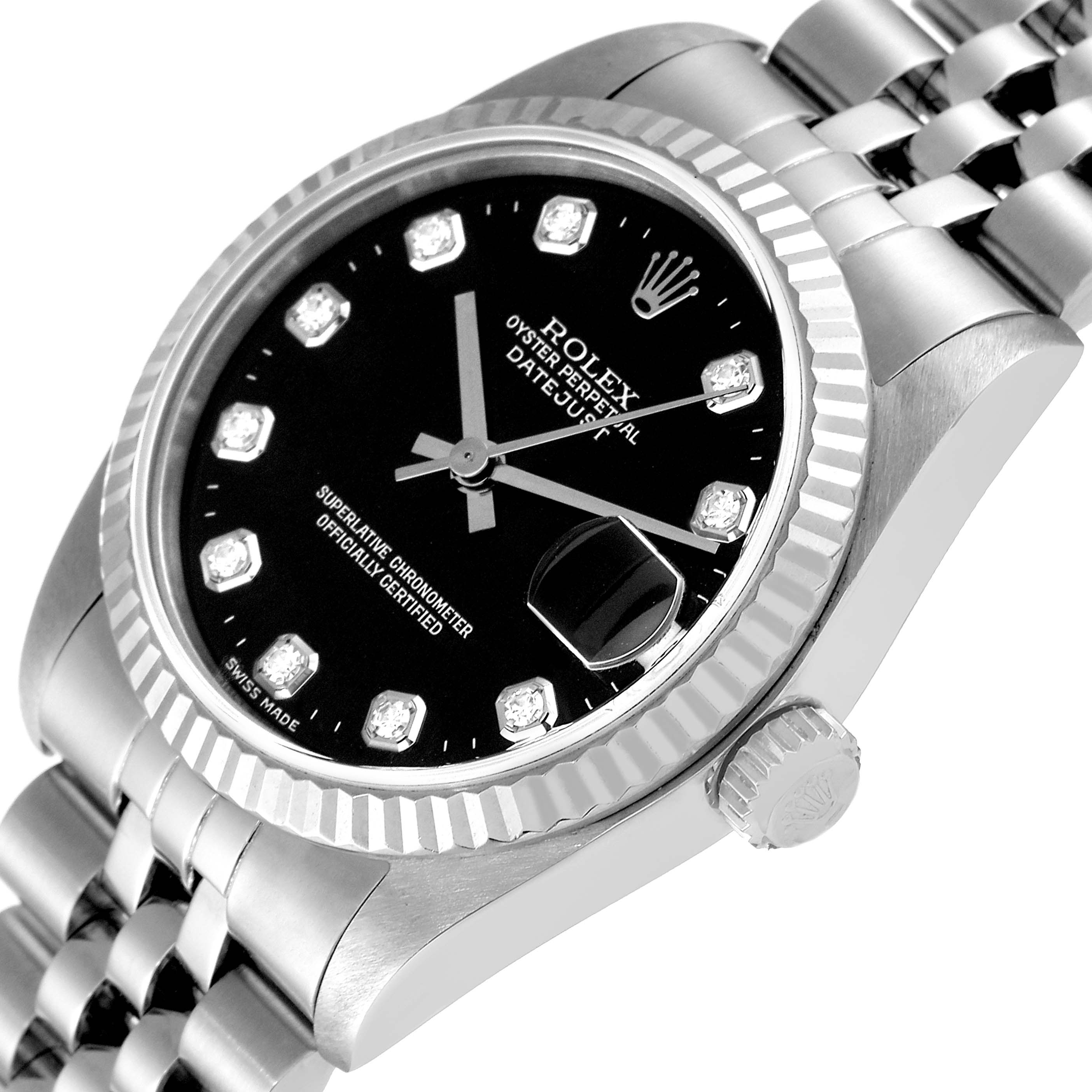 The image shows a Rolex Datejust 78274 Women's Stainless Steel Black Dial 78274 Women's Stainless Steel Black Dial watch at a slight angle, highlighting the dial, bezel, crown, and part of the bracelet.