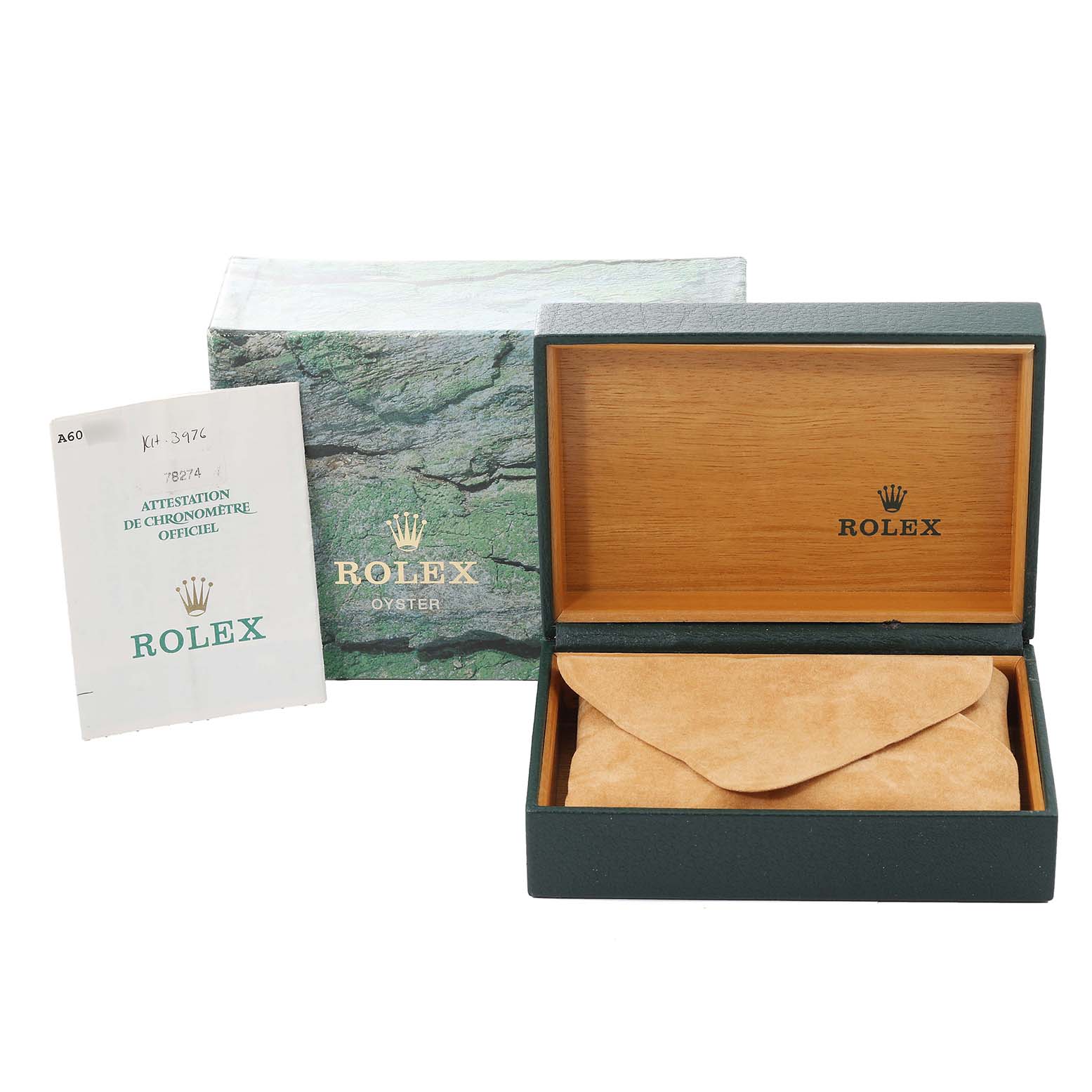 The image shows a Rolex Datejust 78274 Women's Stainless Steel Black Dial 78274 Women's Stainless Steel Black Dial watch box, an official certificate, and a green outer box.