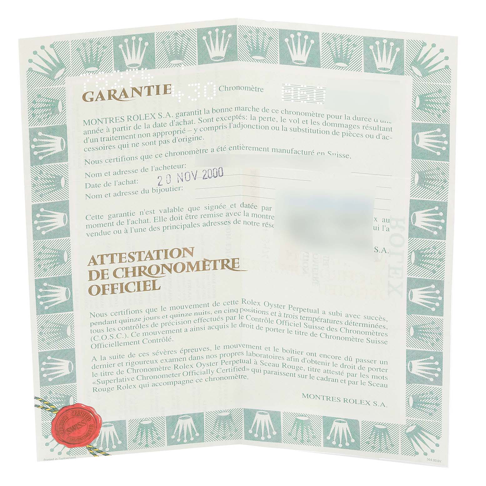 This image shows the warranty certificate for a Rolex Datejust 78274 Women's Stainless Steel Black Dial 78274 Women's Stainless Steel Black Dial watch.