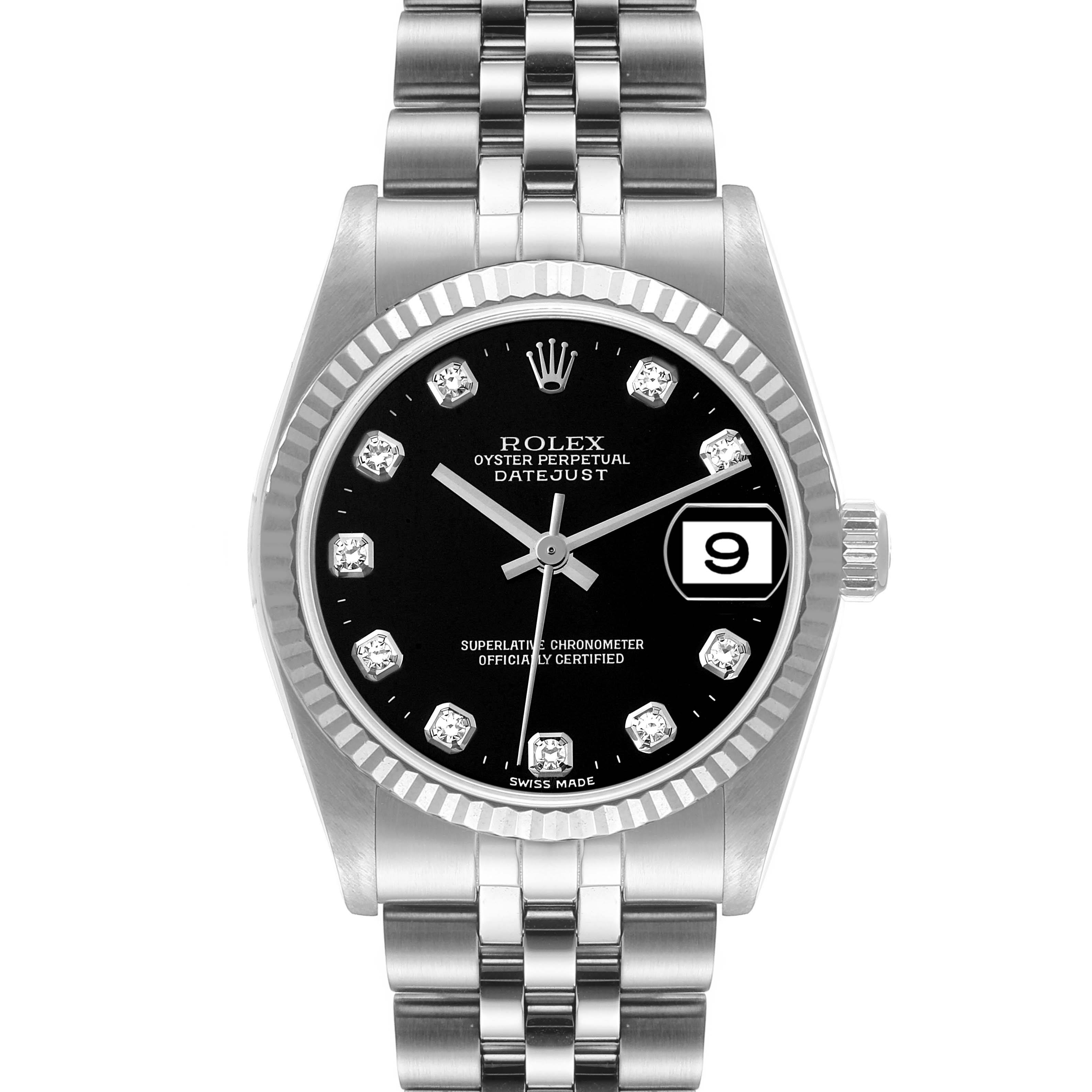 This image shows a Rolex Datejust 78274 Women's Stainless Steel Black Dial 78274 Women's Stainless Steel Black Dial watch from a front angle, displaying the dial, hands, date window, and bracelet.