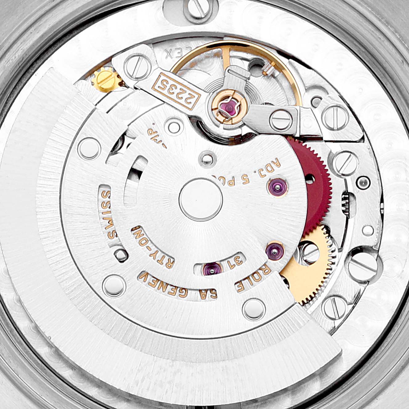 This image shows the internal movement mechanism of a Rolex Datejust 78274 Women's Stainless Steel Black Dial 78274 Women's Stainless Steel Black Dial watch from a top-down view.