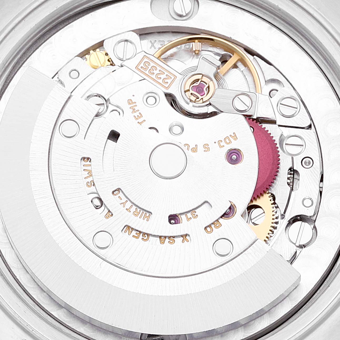 This image shows a close-up of the movement and internal mechanisms of a Rolex Mid-Size 78274 Women
s Stainless Steel Pink Dial 78274 Women
s Stainless Steel Pink Dial watch.
