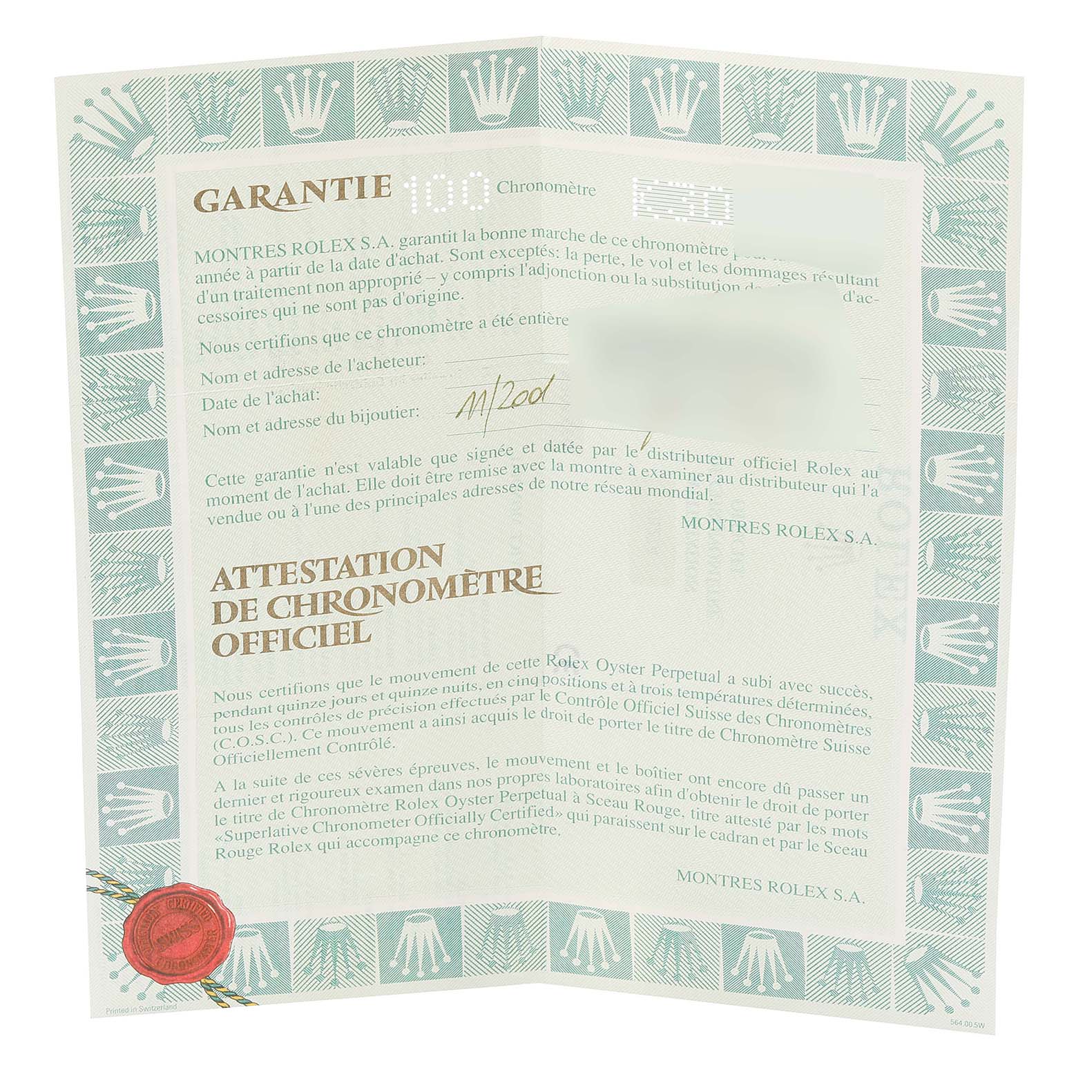 This image shows a close-up of a Rolex Mid-Size 78274 Women
s Stainless Steel Pink Dial 78274 Women
s Stainless Steel Pink Dial model
s warranty and official chronometer certification paperwork.