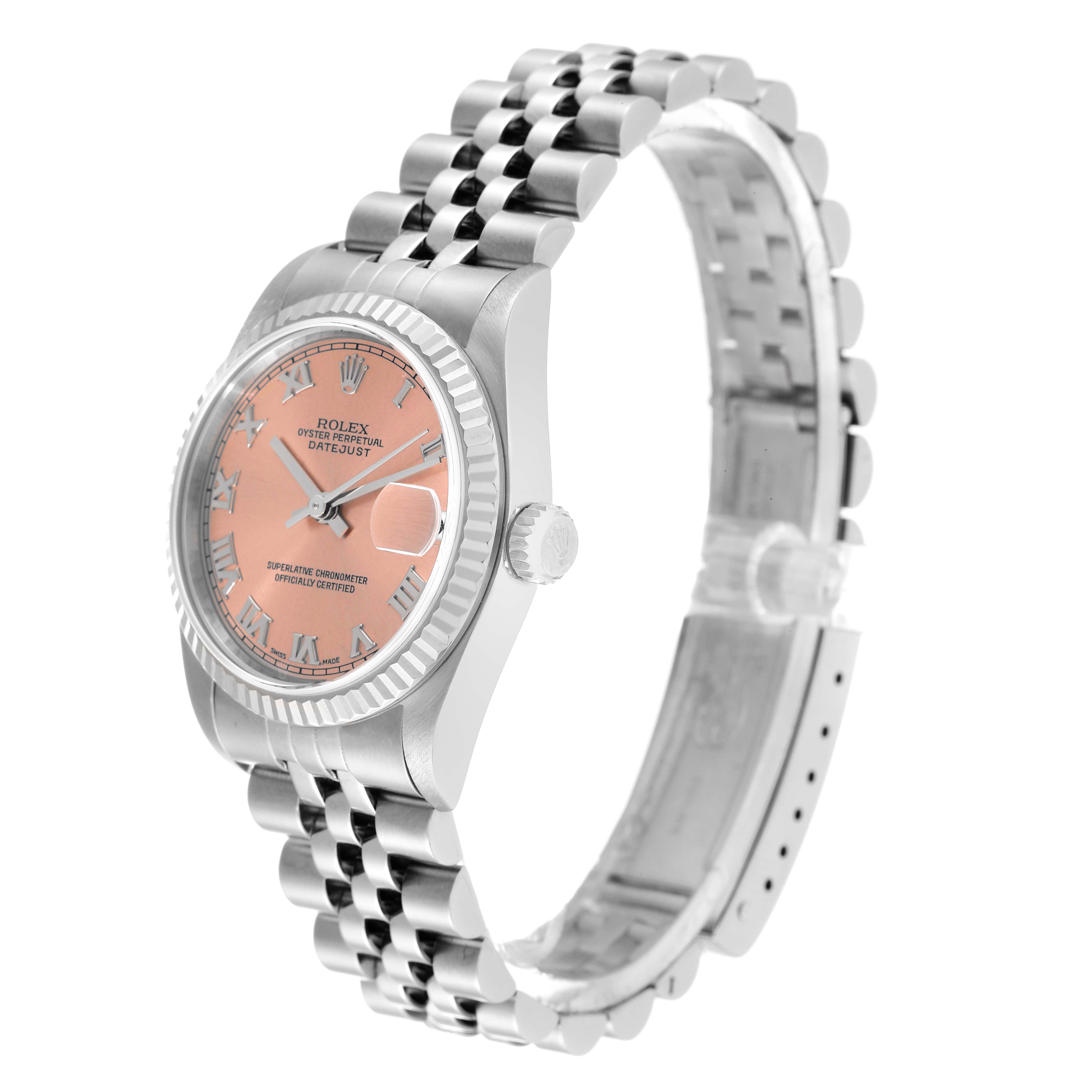 This image shows a Rolex Mid-Size 78274 Women
s Stainless Steel Pink Dial 78274 Women
s Stainless Steel Pink Dial Datejust watch at a three-quarter angle, displaying the dial, bezel, crown, and bracelet.