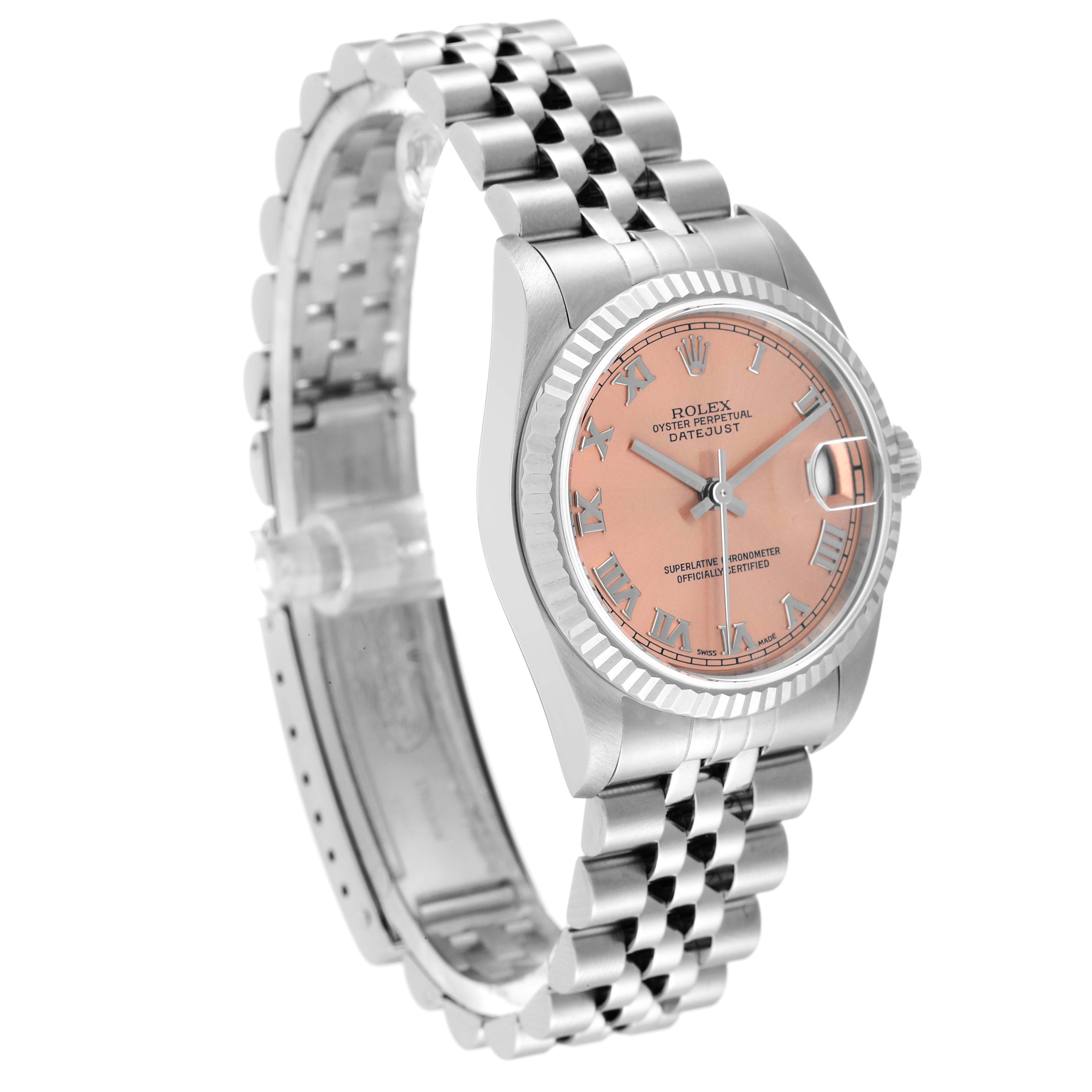 This image shows a side angle of a Rolex Mid-Size 78274 Women
s Stainless Steel Pink Dial 78274 Women
s Stainless Steel Pink Dial Datejust watch, highlighting its pink dial and jubilee bracelet.