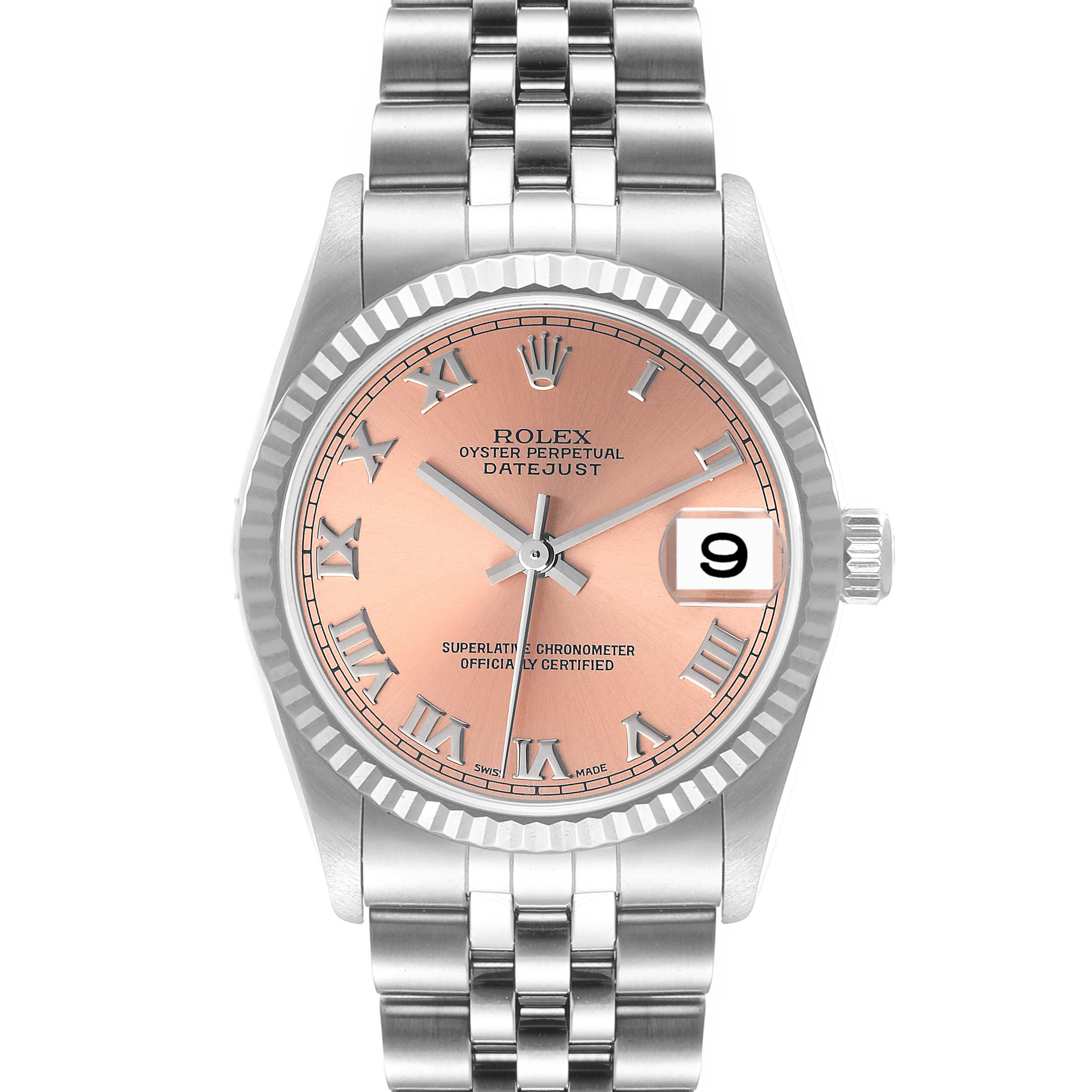 The image shows a front view of a Rolex Datejust Mid-Size watch with a pink dial and Roman numerals.