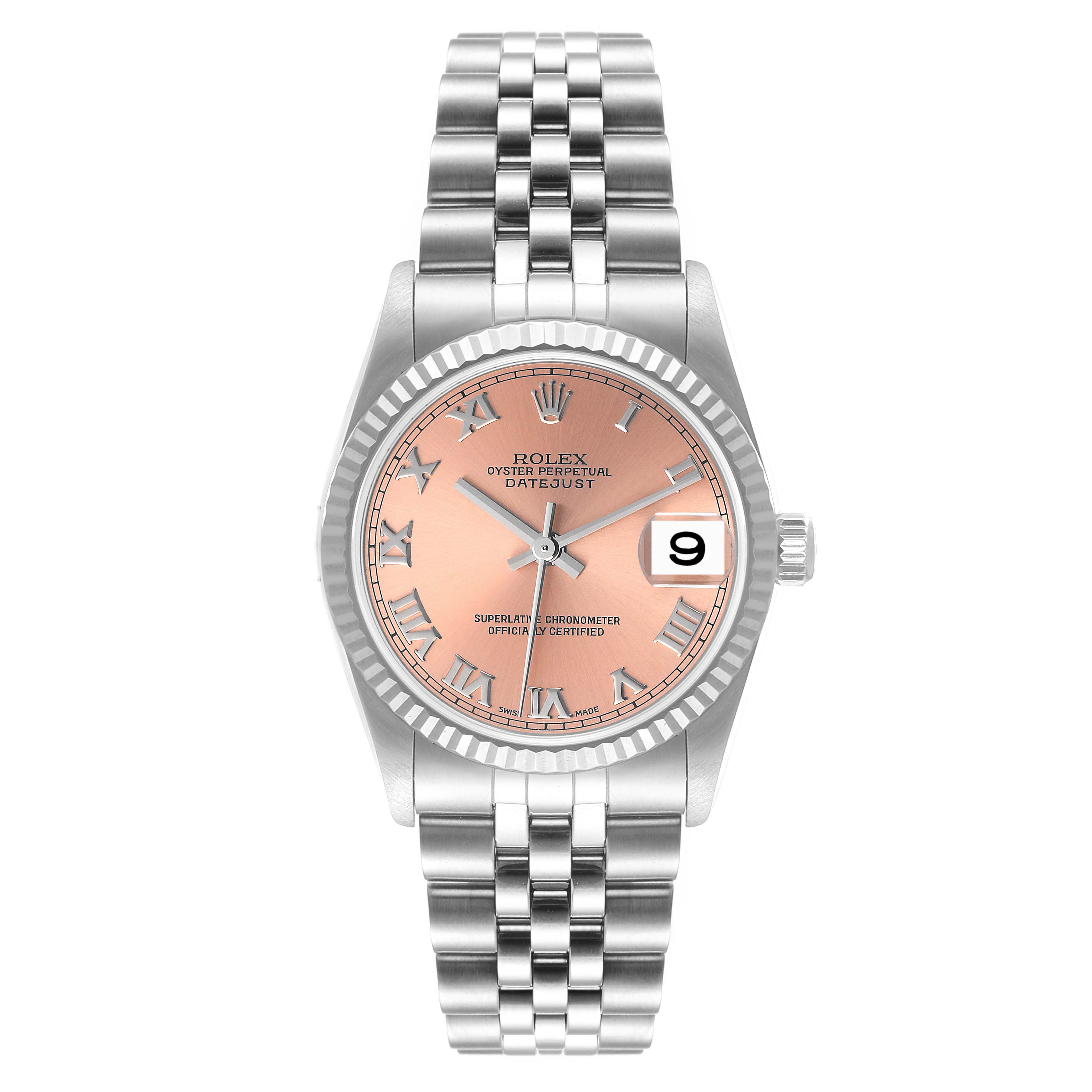 The image shows a front view of a Rolex Oyster Perpetual Datejust Mid-Size watch, highlighting the dial, bezel, and bracelet.