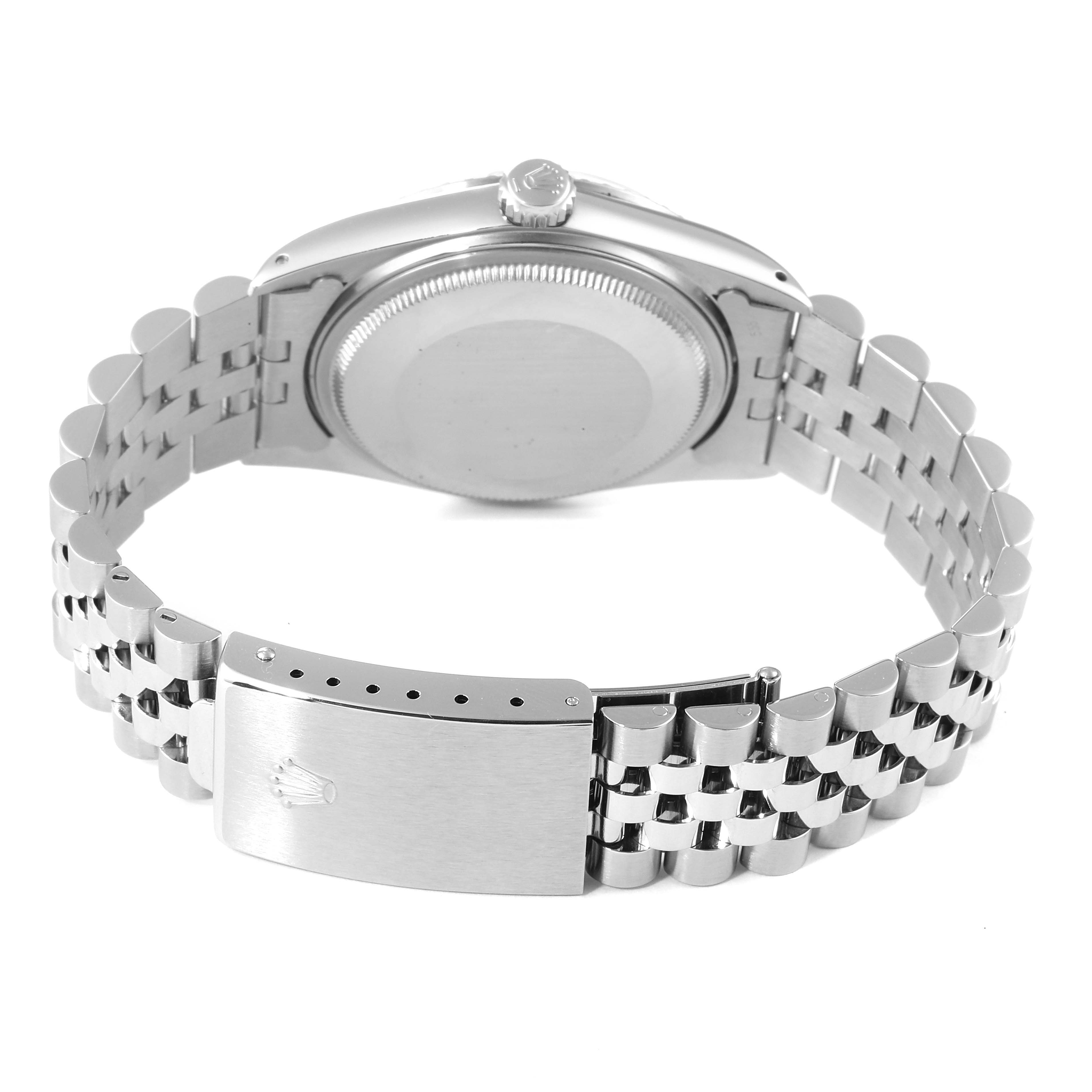 The image shows the back view of the Rolex Vintage Collection 16030 Men's Stainless Steel Silver Dial 16030 Men's Stainless Steel Silver Dial model, featuring the case back, crown, and the bracelet with the clasp.