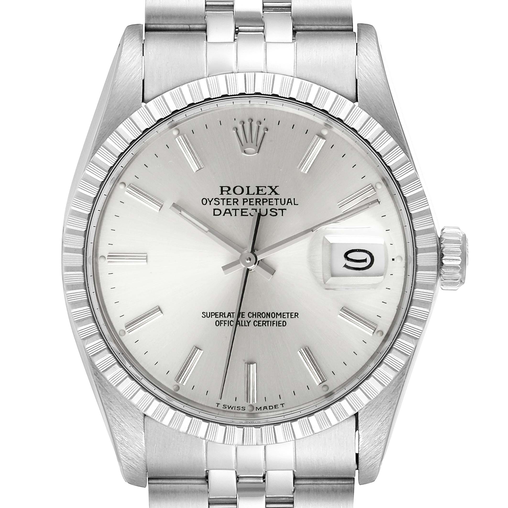 The image shows a front view of the Rolex Vintage Collection 16030 Men's Stainless Steel Silver Dial 16030 Men's Stainless Steel Silver Dial Datejust, highlighting the watch face, bezel, and bracelet.