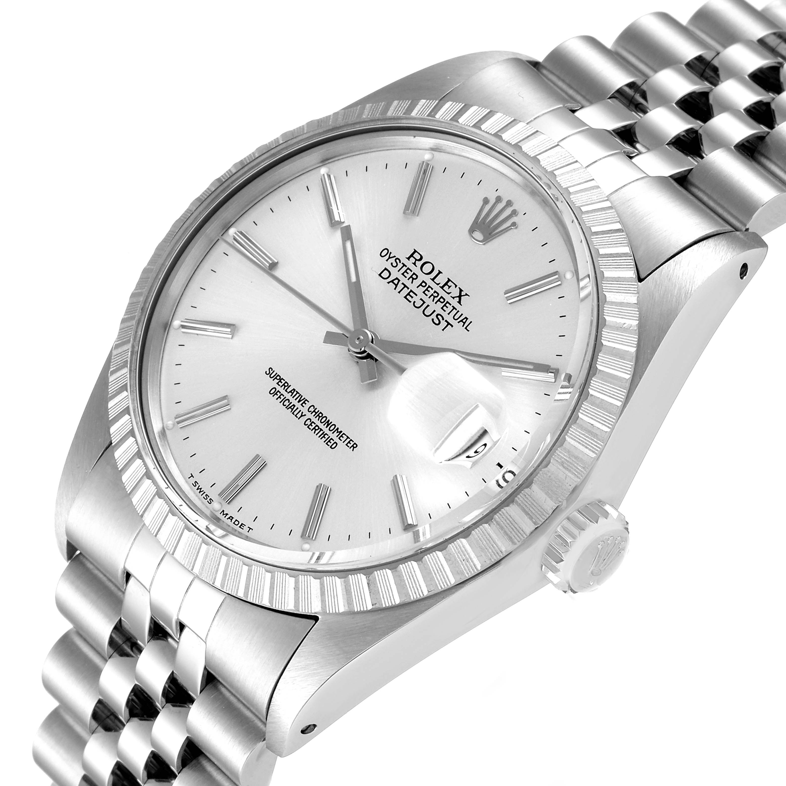 The image shows a close-up, angled view of the Rolex Vintage Collection 16030 Men's Stainless Steel Silver Dial 16030 Men's Stainless Steel Silver Dial Oyster Perpetual Datejust, highlighting the dial, bezel, crown, and bracelet.