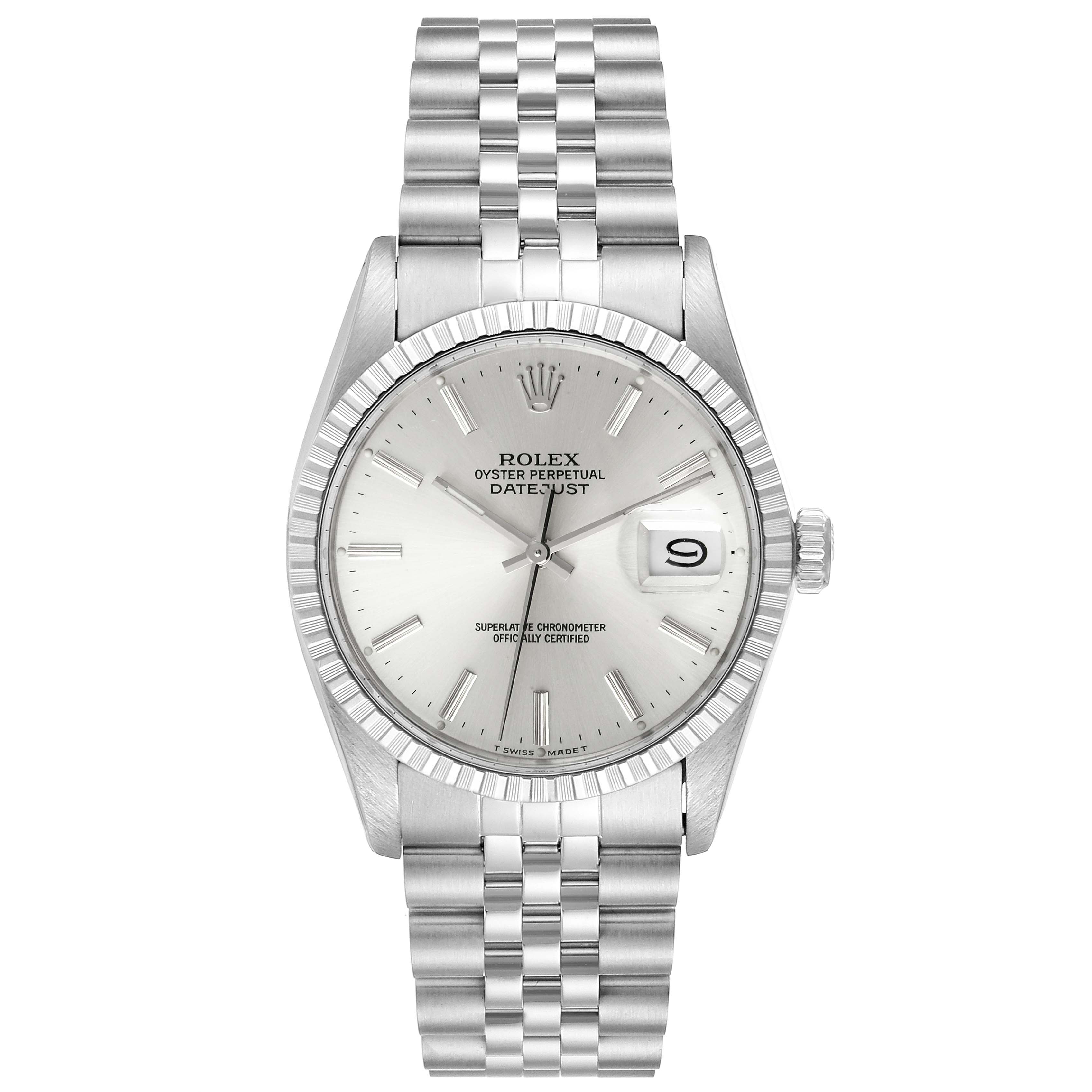 The image shows a front view of the Rolex Vintage Collection 16030 Men's Stainless Steel Silver Dial 16030 Men's Stainless Steel Silver Dial Datejust, highlighting the dial, bezel, and bracelet.