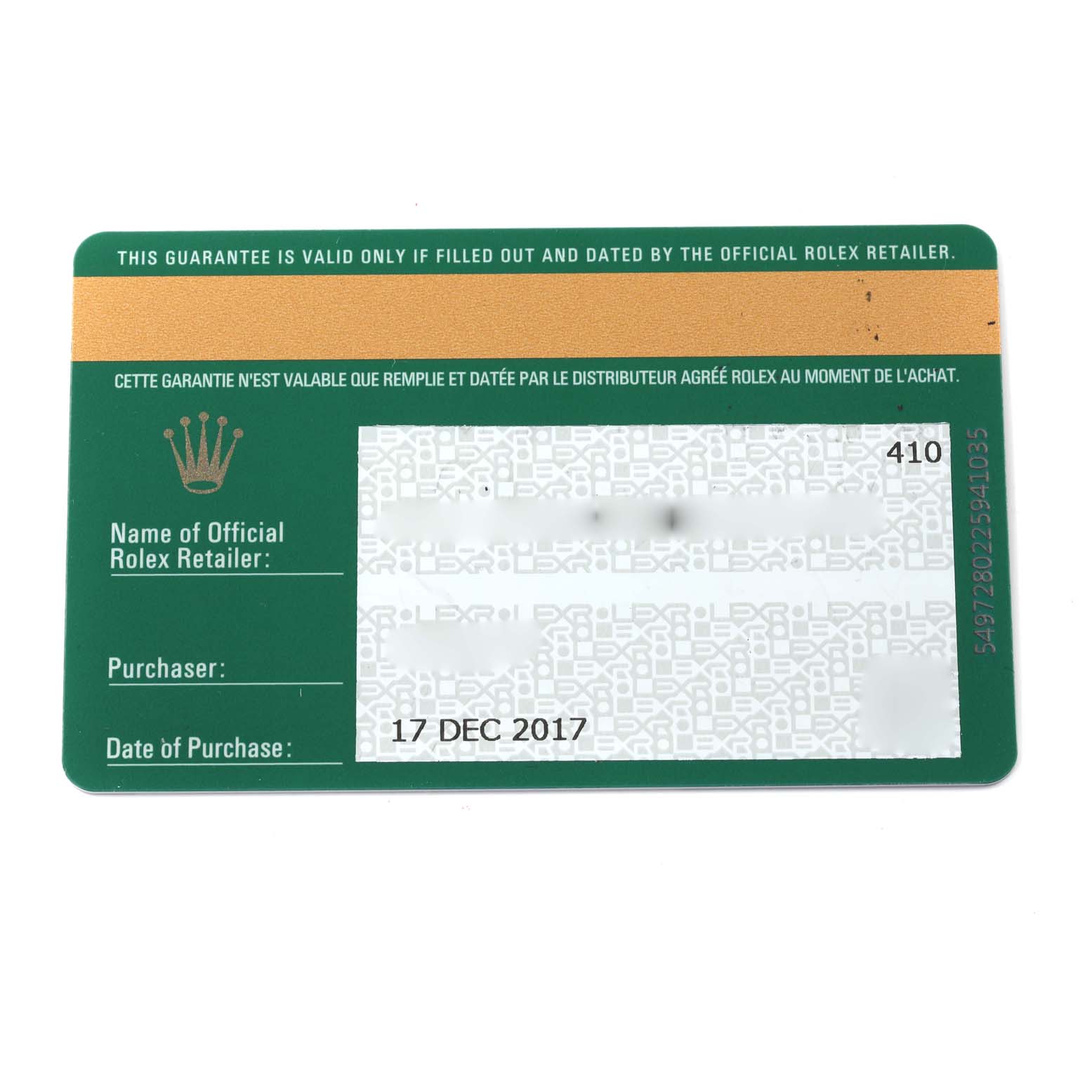 This image is of the warranty card for a Rolex Datejust 116234 Men's Stainless Steel Blue Dial 116234 Men's Stainless Steel Blue Dial watch, showing the date of purchase and retailer information.