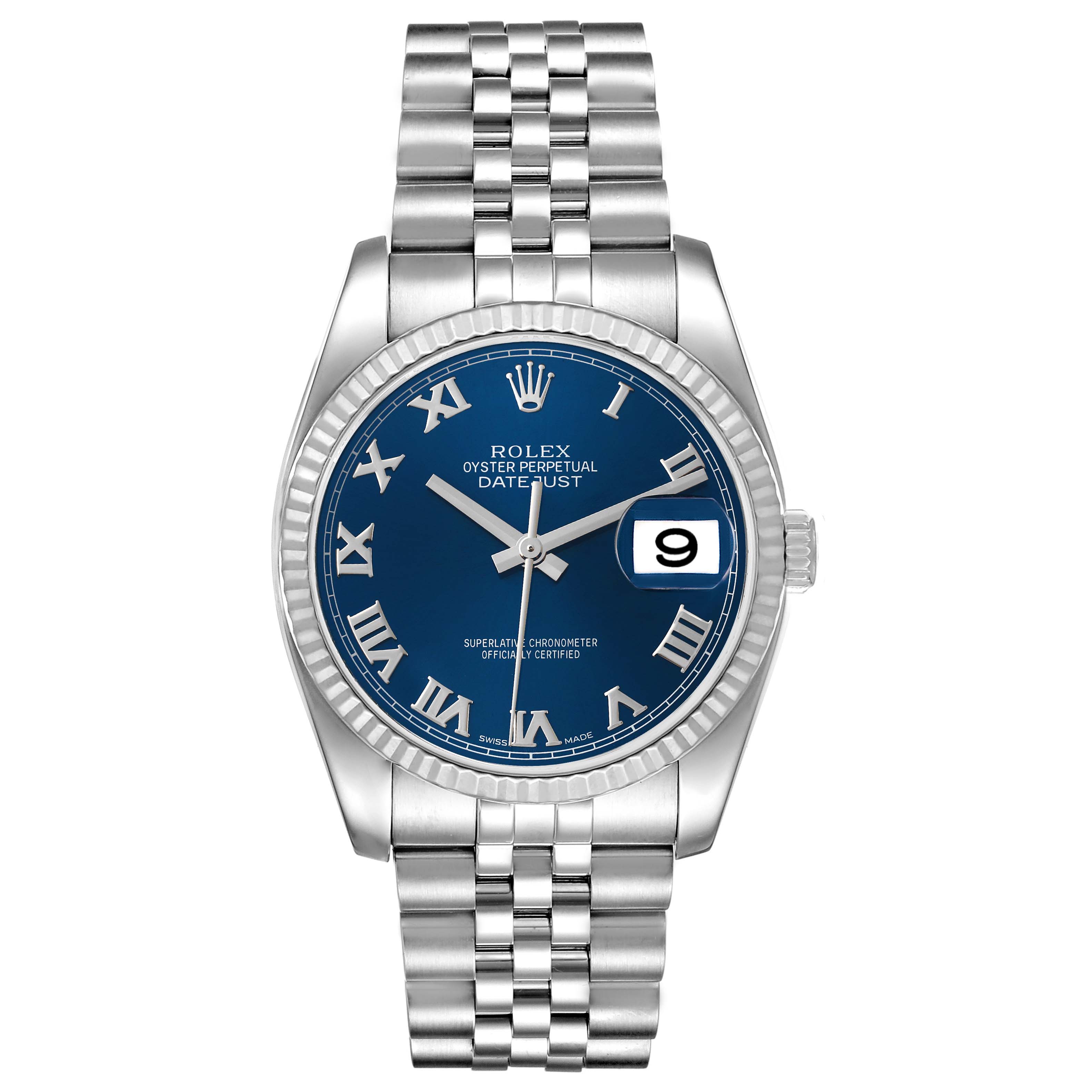 This image shows a front view of the Rolex Datejust 116234 Men's Stainless Steel Blue Dial 116234 Men's Stainless Steel Blue Dial watch, displaying its face, bezel, and bracelet.
