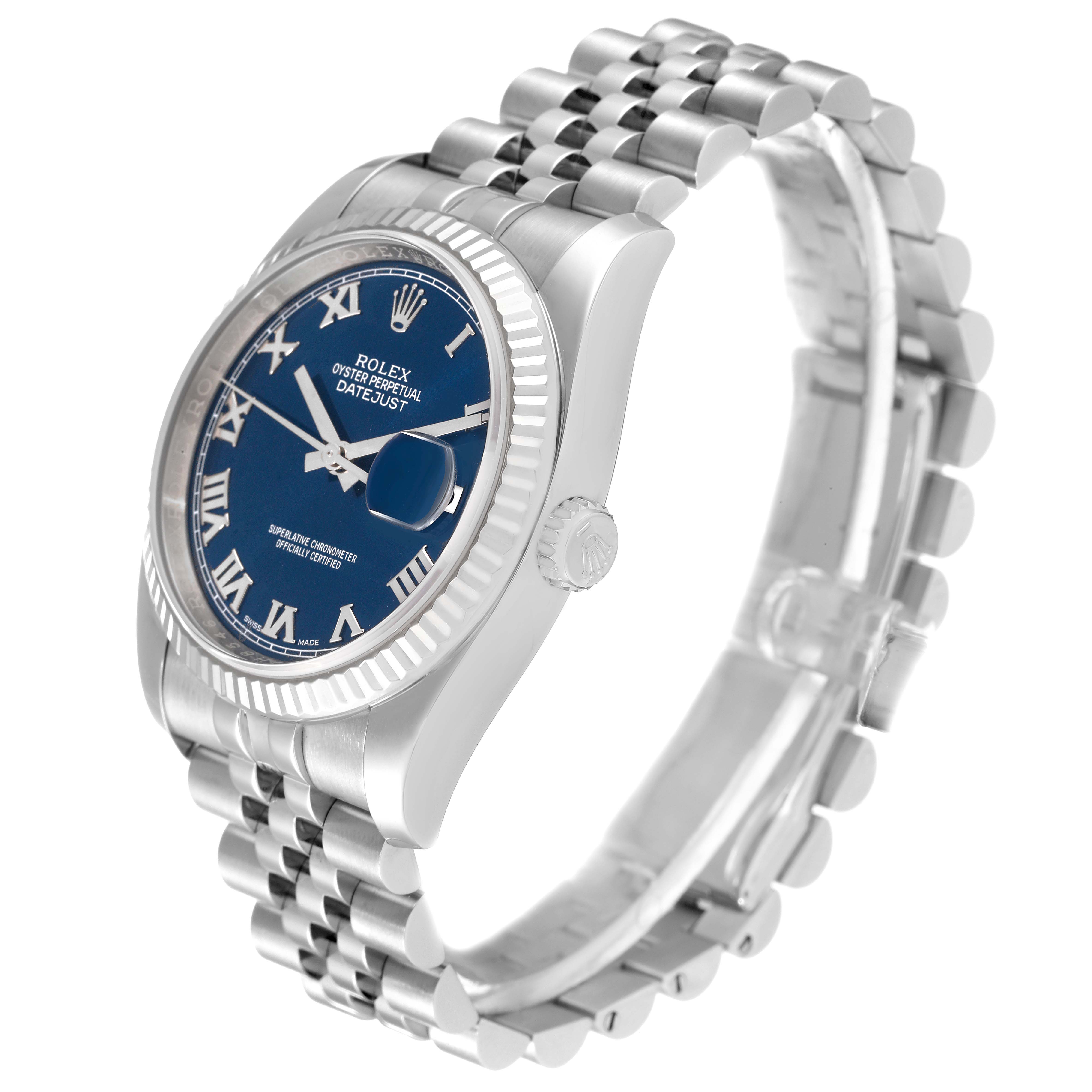 The image shows a Rolex Datejust 116234 Men's Stainless Steel Blue Dial 116234 Men's Stainless Steel Blue Dial watch at an angle displaying the dial, bezel, crown, and part of the bracelet.