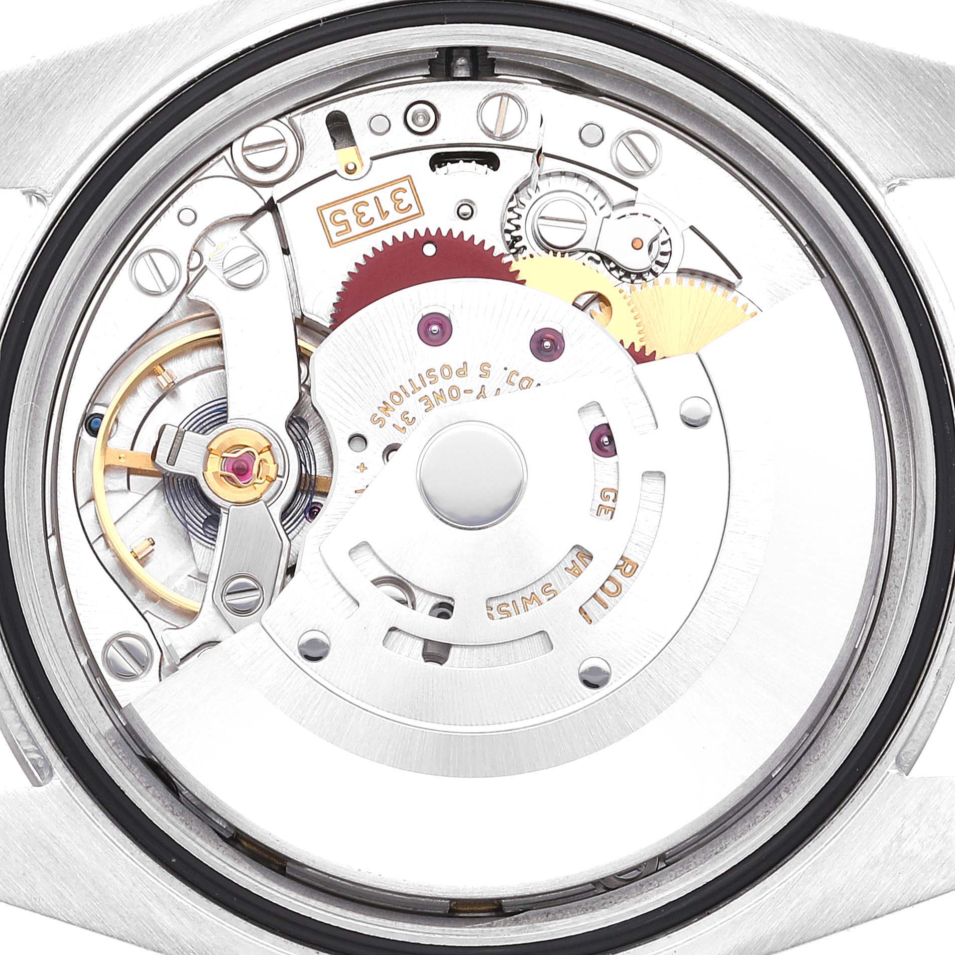 The image shows the movement components of the Rolex Datejust 116234 Men's Stainless Steel Blue Dial 116234 Men's Stainless Steel Blue Dial watch from the back case angle.