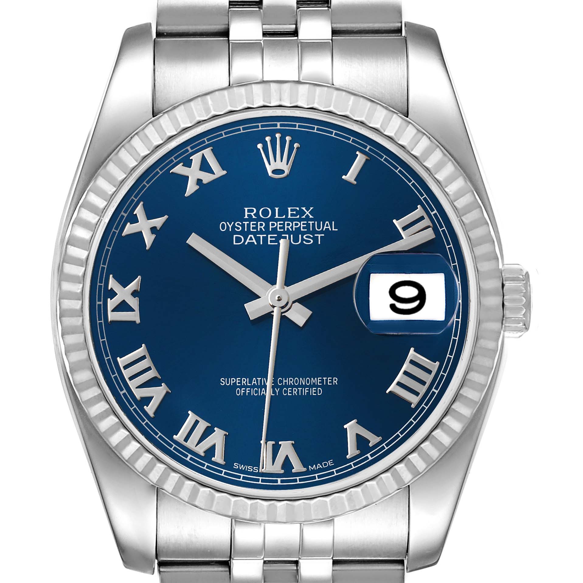 This image shows a front view of a Rolex Datejust 116234 Men's Stainless Steel Blue Dial 116234 Men's Stainless Steel Blue Dial watch, highlighting its blue dial, Roman numerals, and date window.