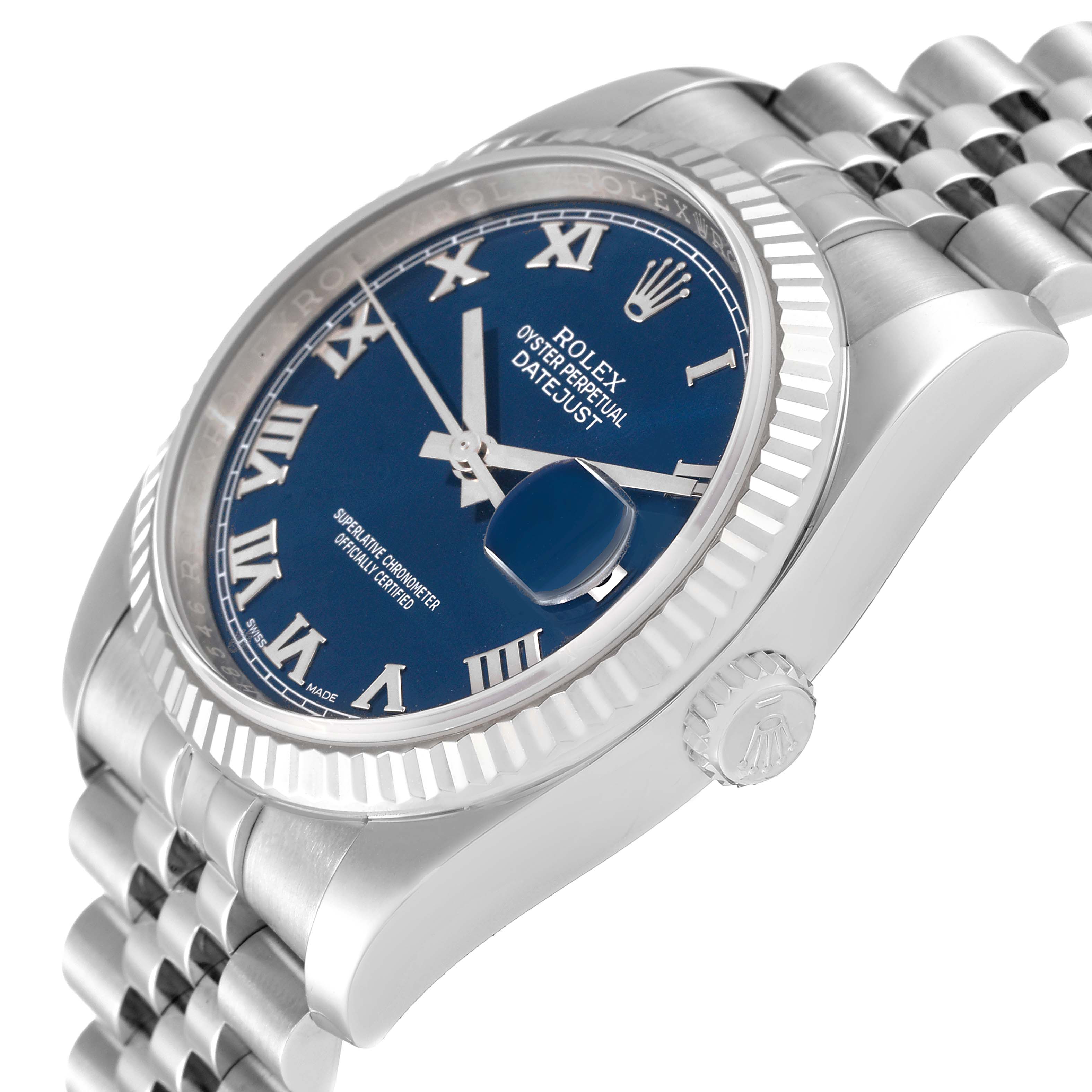 The image shows a side and partial front view of a Rolex Datejust 116234 Men's Stainless Steel Blue Dial 116234 Men's Stainless Steel Blue Dial watch, highlighting the dial, bezel, crown, and bracelet.