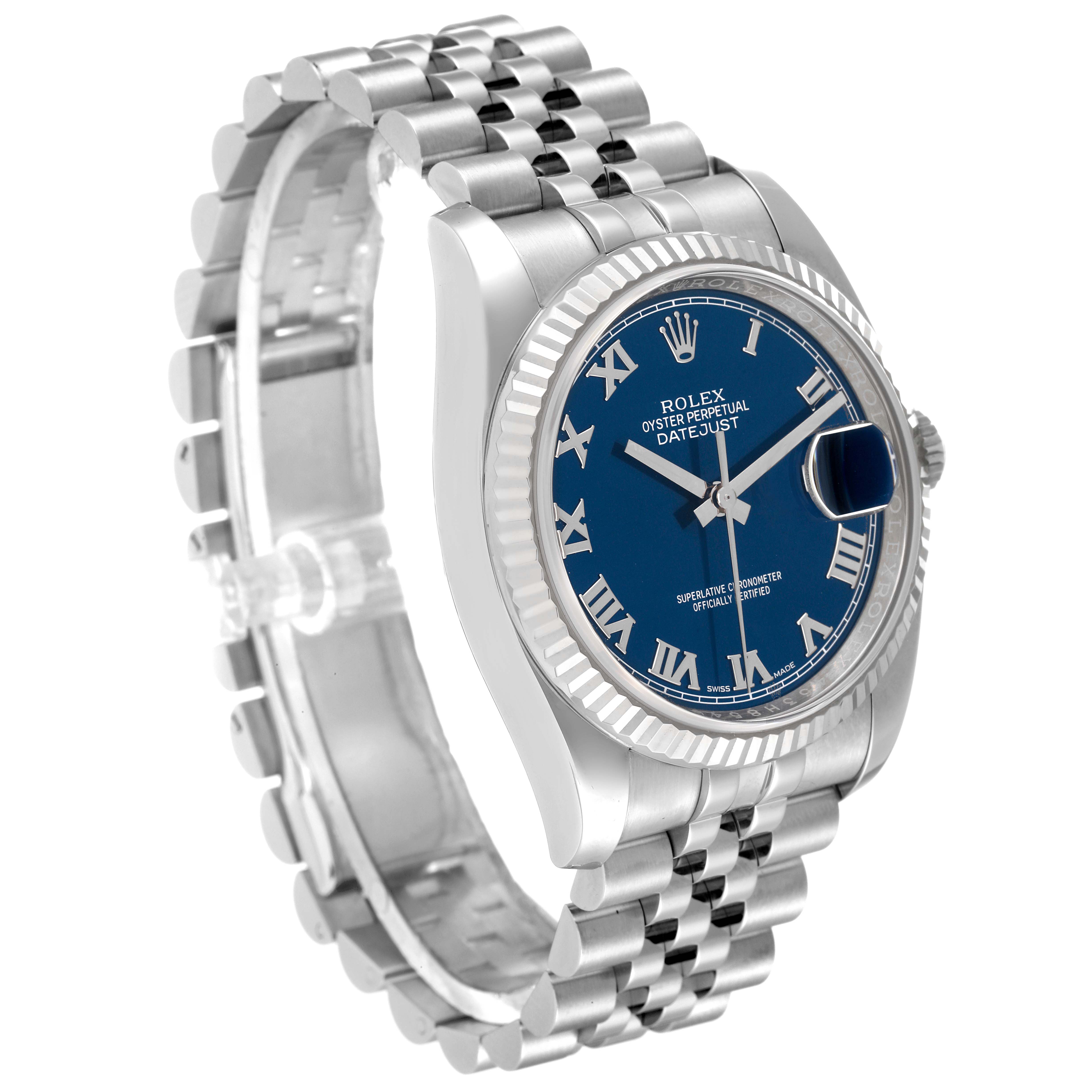 The Rolex Datejust 116234 Men's Stainless Steel Blue Dial 116234 Men's Stainless Steel Blue Dial watch is shown at an angled side-view highlighting its blue dial, fluted bezel, and metal bracelet.
